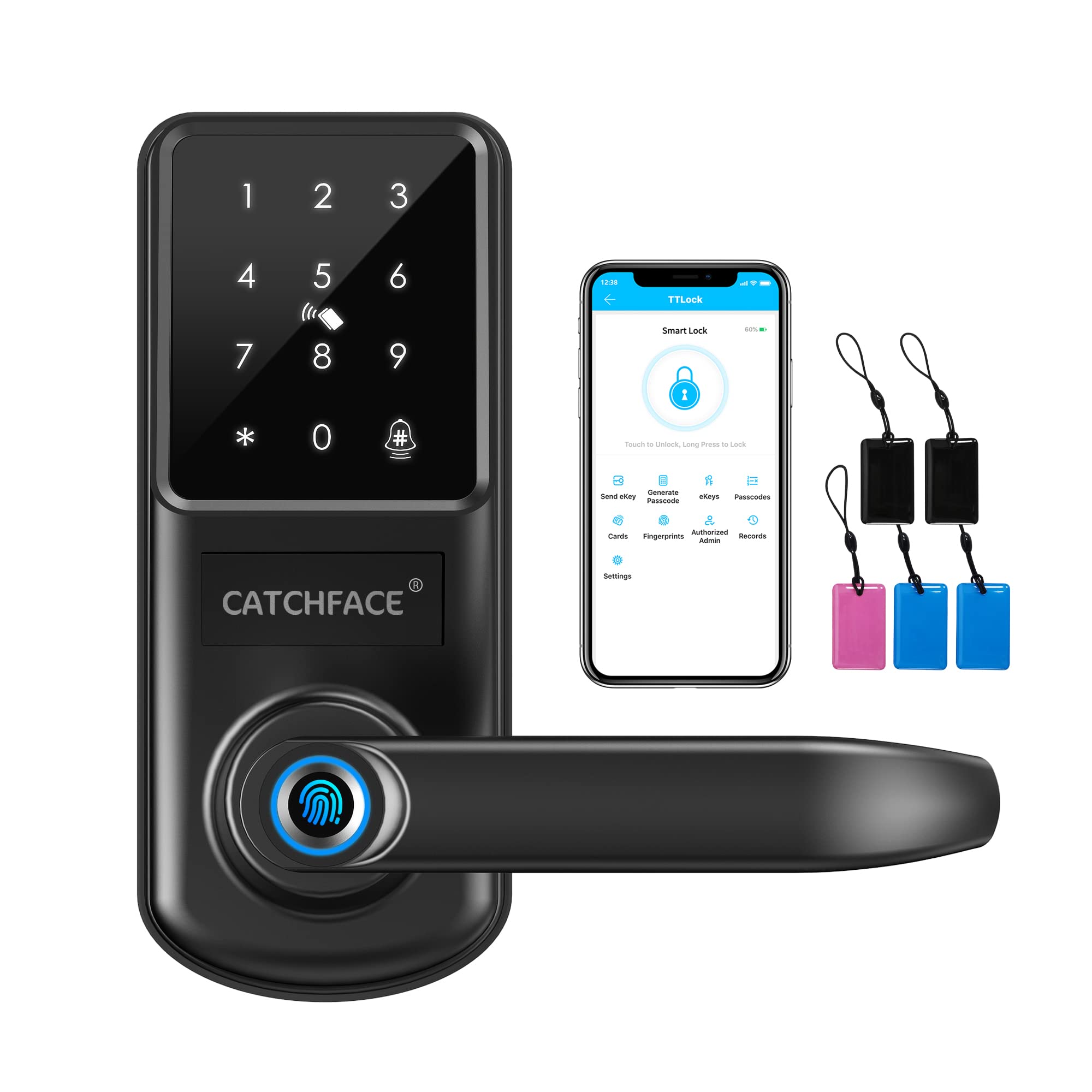 CATCHFACE A290 Smart Lock - Bluetooth Keyless Entry Door Lock with Handle, Fingerprint Biometric Lock, TTLock Compatible, Works with Cards/Keys/Passcode - Ideal for Front Door, Office & Home Security