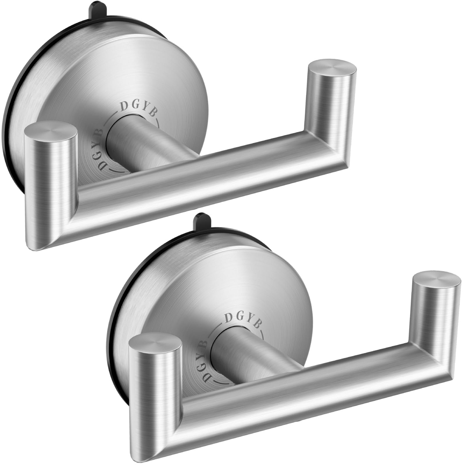 Double Brushed Nickel Towel Hooks for Bathroom - Set of 2 Heavy Duty Suction Cup Hooks (15 lb Capacity) - Stainless Steel Shower Towel Holder for Inside Shower - Perfect for Bathrooms, Showers & Spa Areas