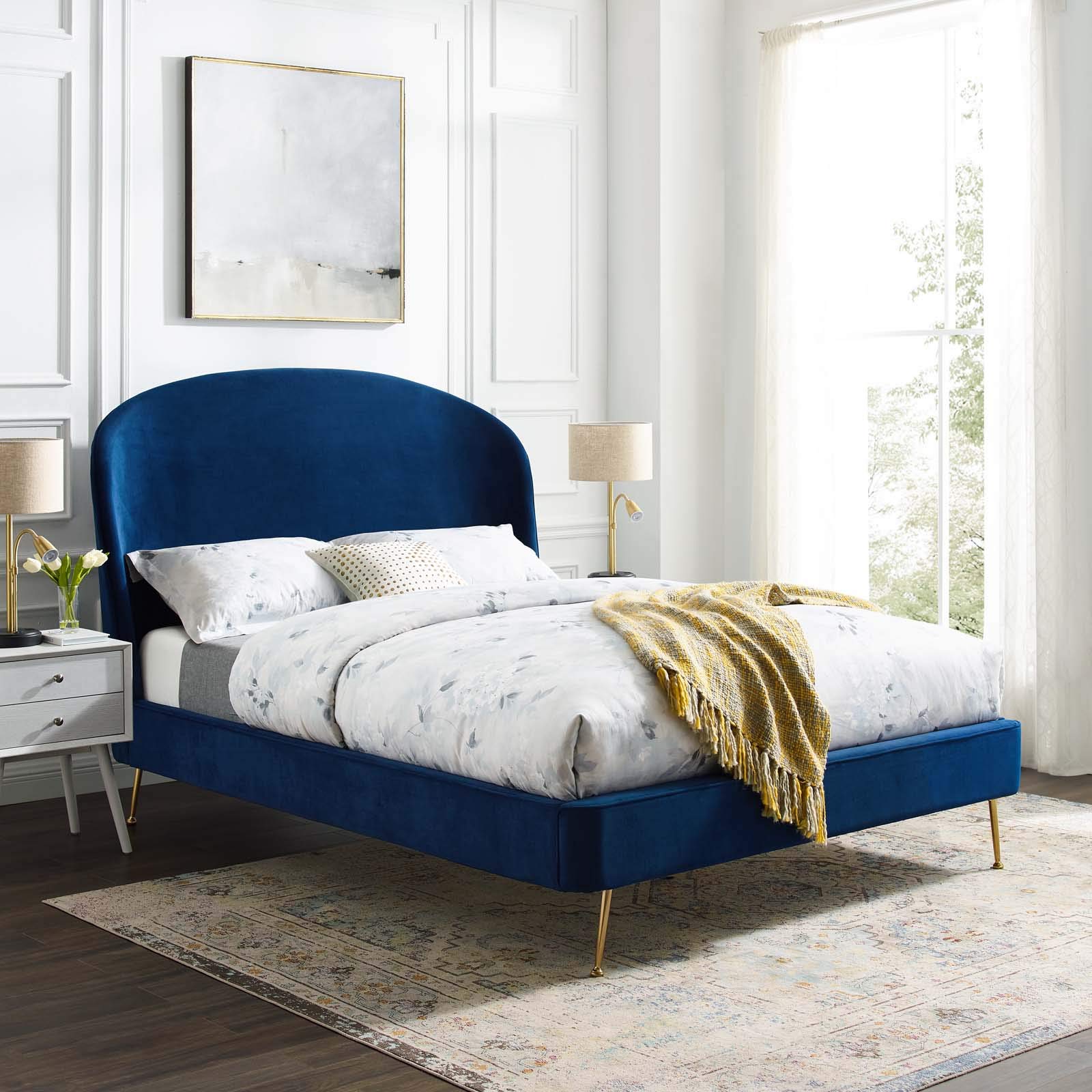 Modway Mira Upholstered Performance Velvet Queen Size Platform Bed Frame in Navy Blue - Luxurious Modern Bedroom Furniture for Master Bedroom or Guest Room