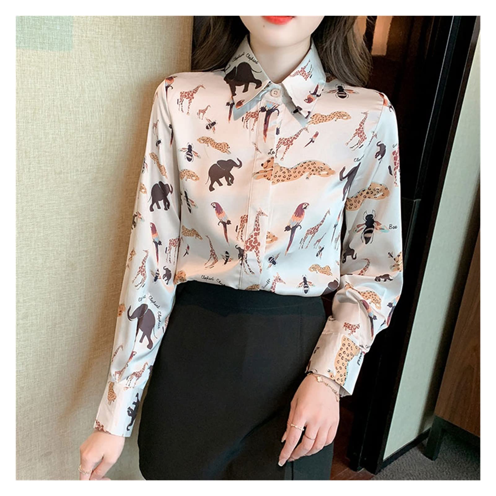 Women's Printed Satin Long Sleeve Blouse - Elegant Casual Tops for Spring & Autumn | Office Wear, Date Night & Everyday Outfits (Color A, Size S)
