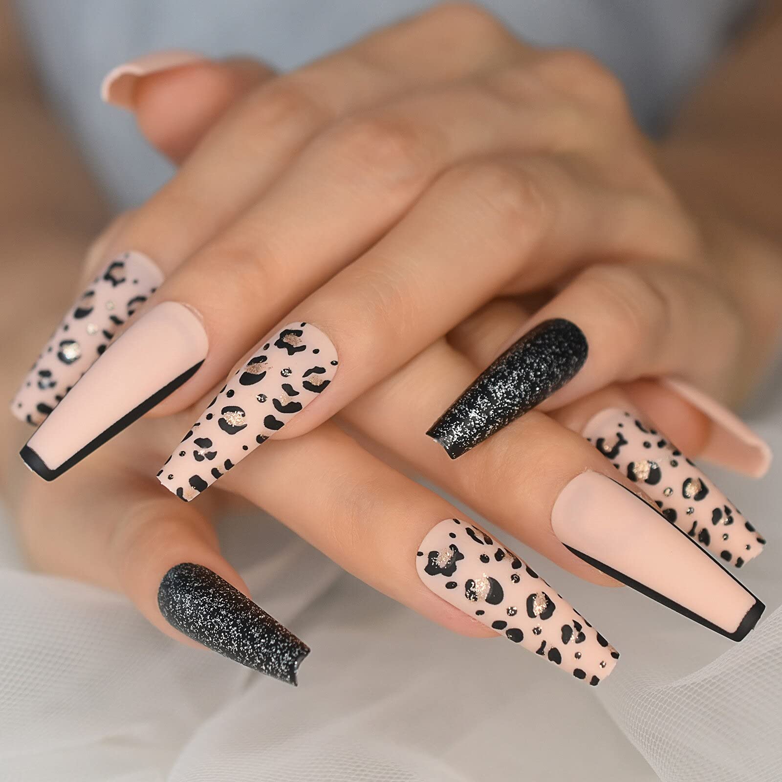 Extra Long Beige Press On Nails with Leopard Matte Design - Full Cover Acrylic False Nails with Glitter Tips for Manicure | Perfect for Parties, Weddings & Special Occasions