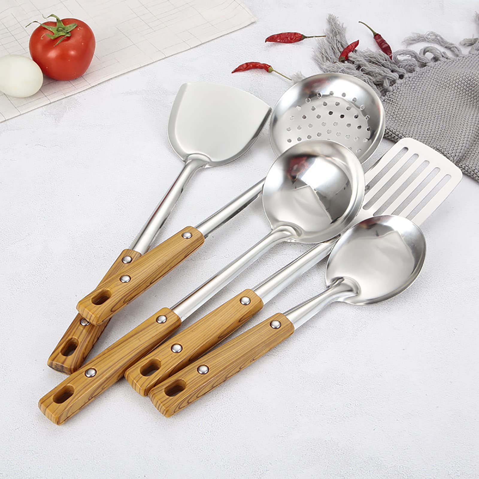 SLIFDUO 5-Piece Stainless Steel Kitchen Utensil Set with Wooden Handles - Heat Resistant, Rust Proof Cooking Tools with Hanging Holes for Easy Storage - Perfect for Frying, Baking, and Everyday Cooking