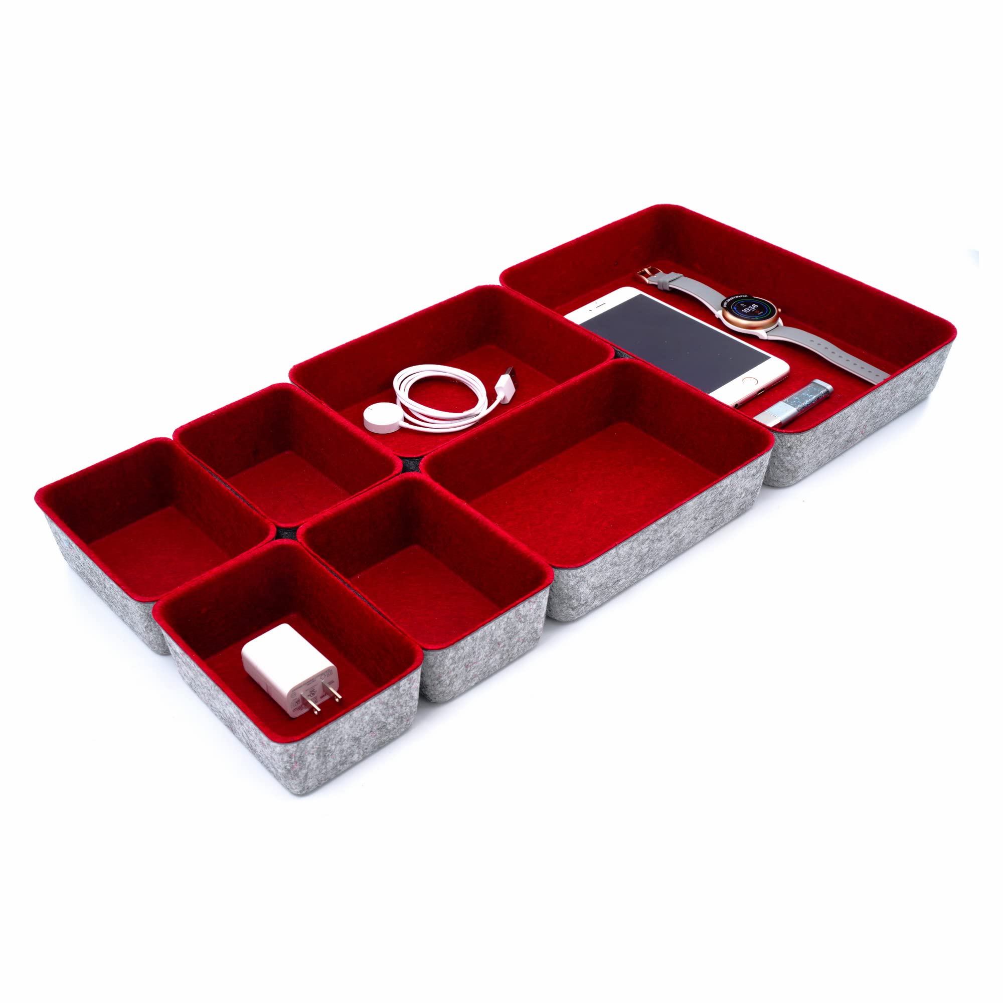 WELAXY 7-Piece Maroon Felt Drawer Organizer Set - Shallow Small Desk Trays & Dividers for Office, Kitchen, Bathroom & Craft Room Storage