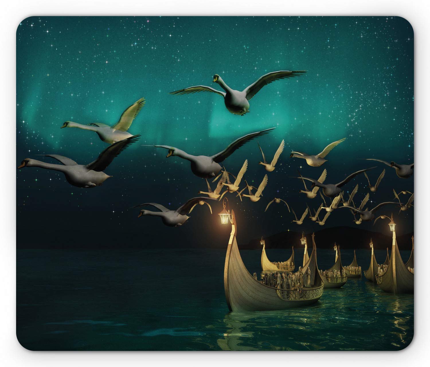 Ambesonne Fantasy Mouse Pad - Medieval Boats & Birds Flying Mystical Adventure Design, Non-Slip Rubber Gaming Mousepad (Standard Size, Sand Brown & Dark Teal) for PC, Laptop, Office & Home Workspace