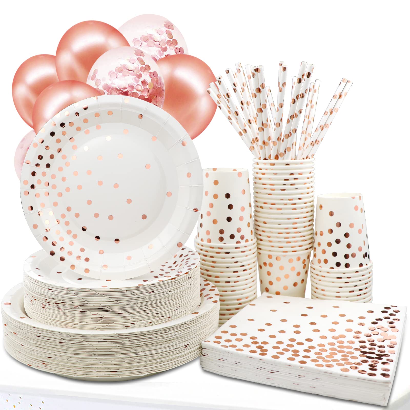 310PCS Rose Gold Disposable Paper Party Supplies Set - 50 Dinner Plates, 50 Dessert Plates, 50 Cups, 50 Napkins, 50 Straws & 60 Balloons for Birthday, Wedding, Baby Shower, Bridal Shower, Anniversary Celebration - Elegant Rose Gold Dots Design