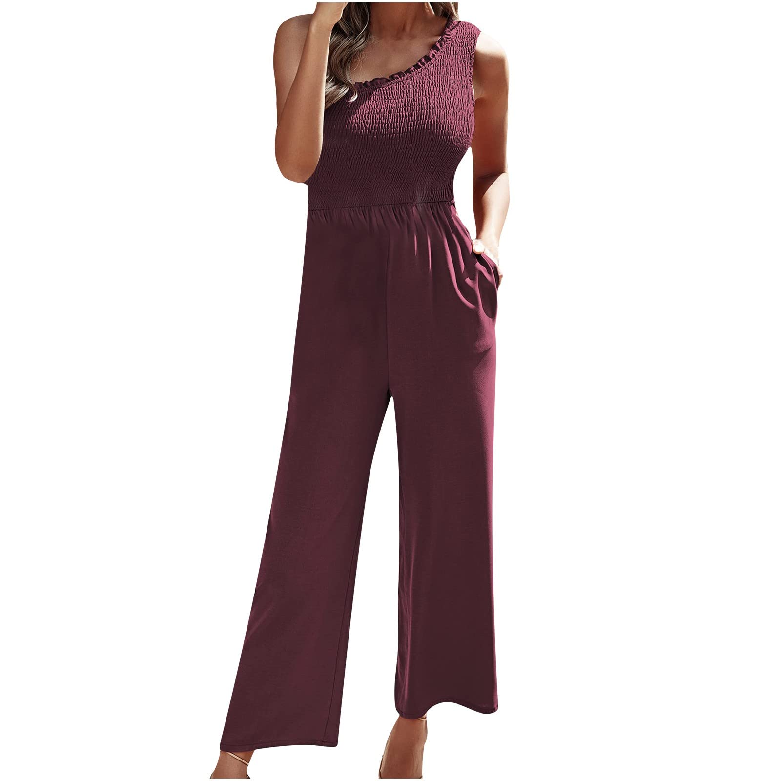 Posijego Women's One Shoulder Ruched Pleated Jumpsuit - Sleeveless Strap Coverall for Casual Wear, Beach, Party & Night Out