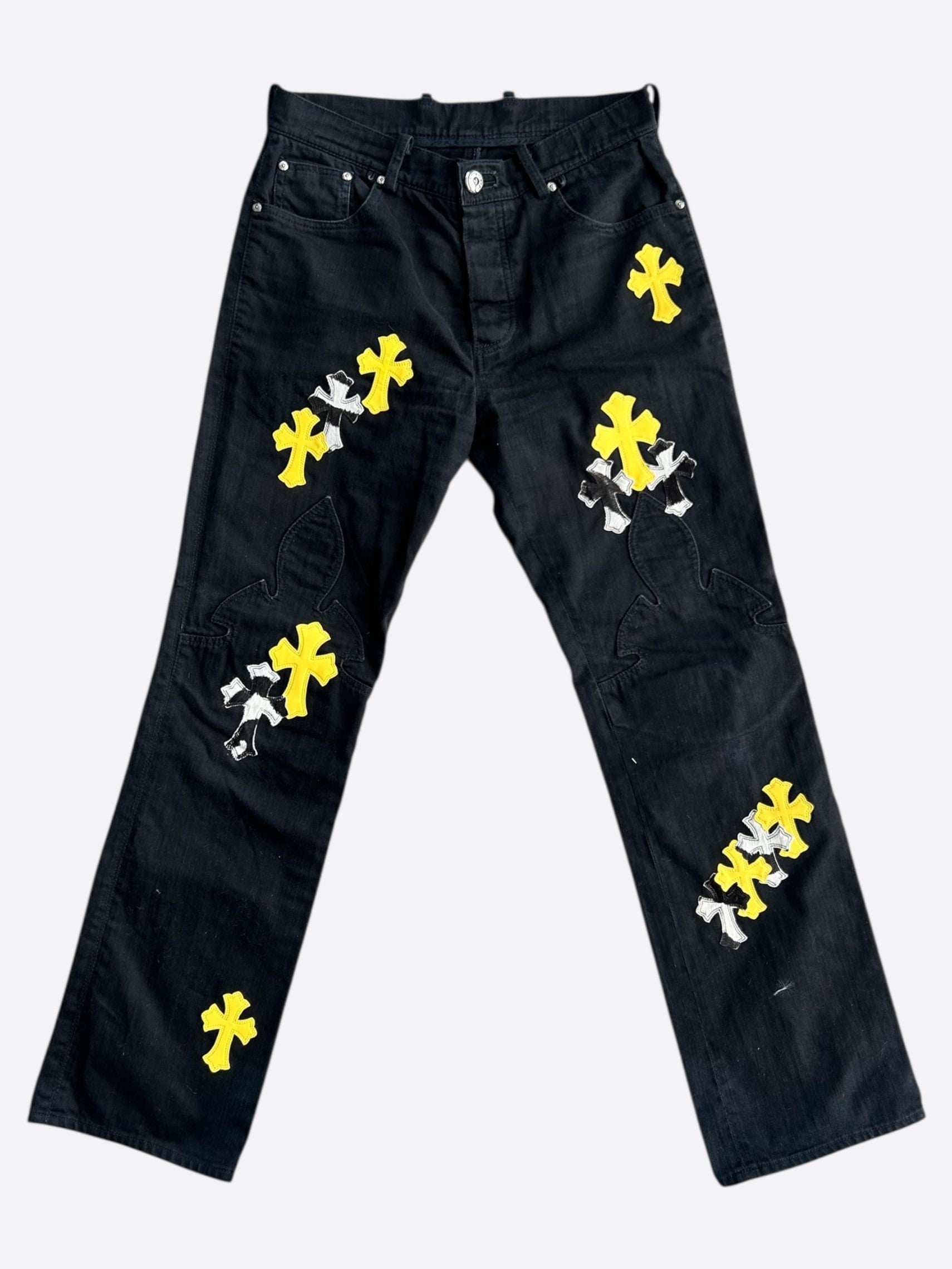 Chrome Hearts Black Cow & Yellow Cross Patch Fleur Jeans for Men & Women - Vintage Distressed Denim Pants with Embroidered Details - Perfect for Streetwear, Biker Fashion & Casual Outfits