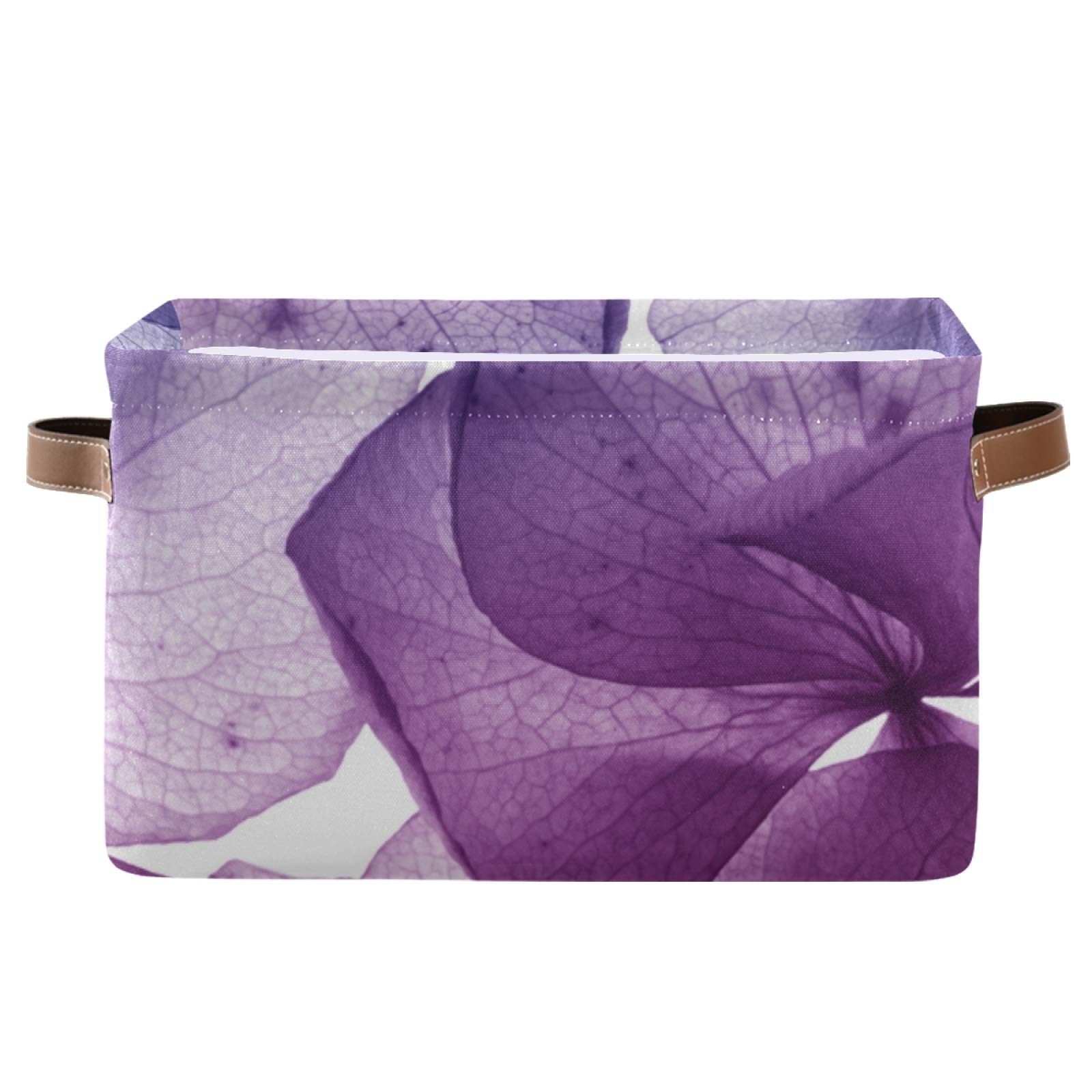 OTVEE Collapsible Storage Basket with Leather Handles - Tropical Purple Flower Print Fabric Bin for Clothes, Toys & Home Organization - Perfect for Nursery, Office & Closet Storage (1 Piece)