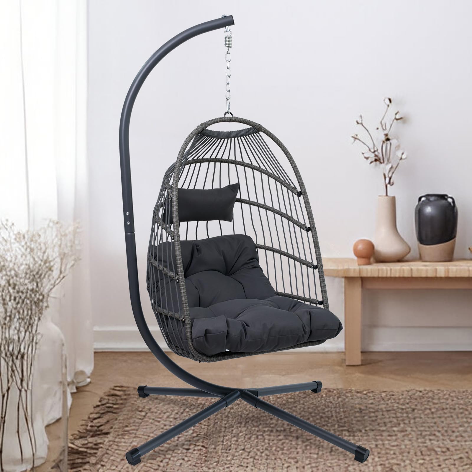 Outdoor Egg Chair with Stand - Foldable Wicker Hanging Swing Chair for Patio, Balcony & Bedroom - Includes Cushions, Supports 350Lbs - All-Weather Indoor/Outdoor Lounge Basket Hammock - Perfect for Relaxing in Gardens, Poolside or Living Rooms