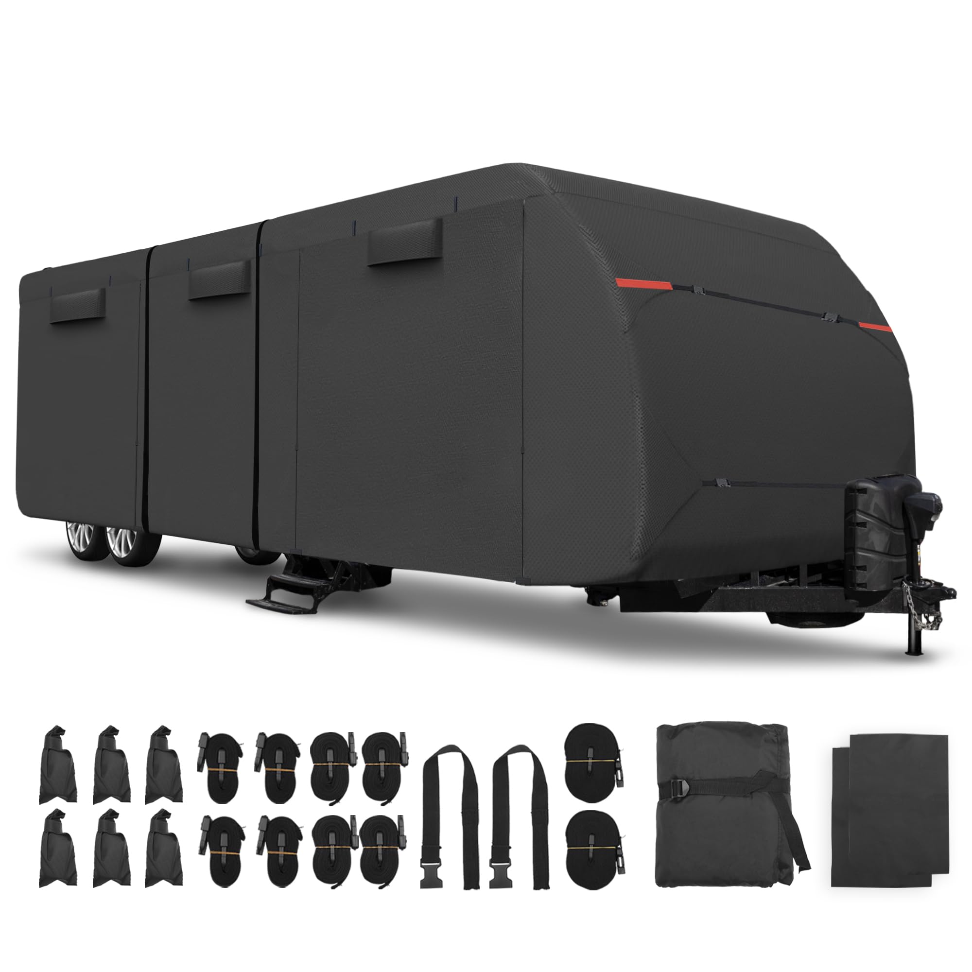 uxcell Waterproof RV Cover for 20'-22' Travel Trailers - Windproof, Anti-UV Camper Cover with Extra Windproof Ropes & Gutter Covers - All Season Protection (Black) - Perfect for Outdoor Storage, Camping & Travel