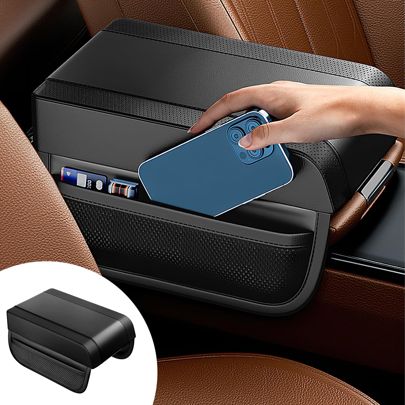 Memory Foam Car Center Console Cover with Storage Pockets - Universal Leather Armrest Cushion Pad for Comfort & Organization - Perfect for Long Drives, Road Trips and Daily Commute