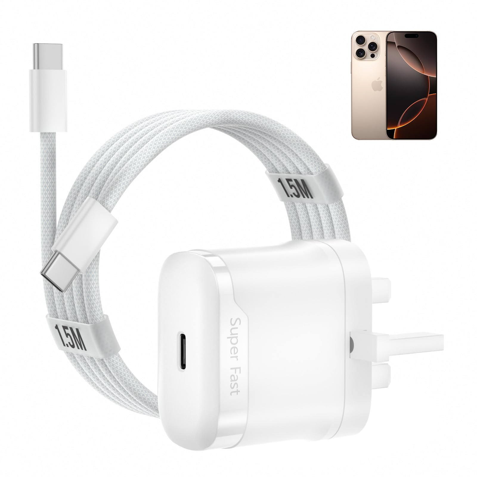 20W USB C Fast Charger for iPhone 16/15 Series & iPad - PD 3.0 Charging Block with 1.5m Cable - Compatible with iPhone 16 Pro Max/Plus/Pro, iPhone 15 Pro Max/Plus/Pro, iPad Pro 11/12.9