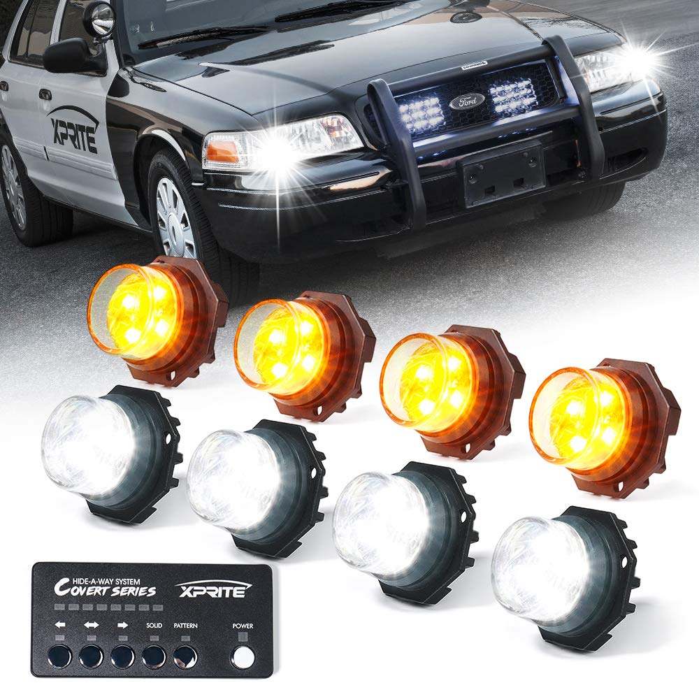Xprite White Amber LED Hideaway Strobe Lights Kit - 20 Flashing Patterns with Control Panel for Headlights, Taillights & Fog Lights - Emergency Vehicle Lighting for Trucks, SUVs, Vans, Cars, UTVs & ATVs (8-Piece Kit) - Perfect for Roadside Emergencies, Construction Zones & Off-Road Adventures