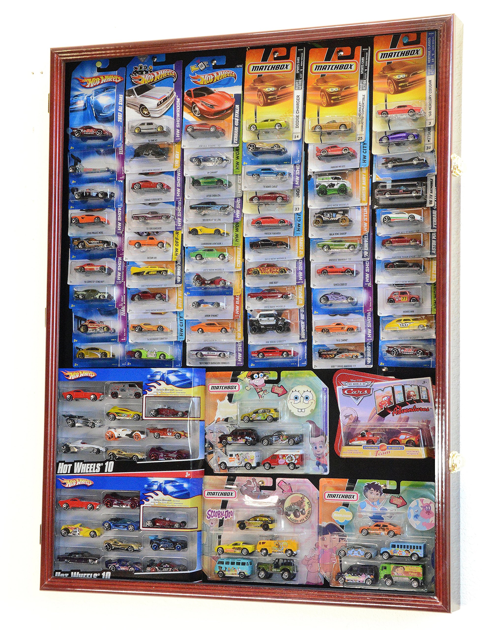 Hot Wheels & Matchbox Car Display Case with UV Protection Door - Cherry Wood Retail Box Storage Cabinet for Collectors - Perfect for Showcasing Diecast Cars in Home or Office