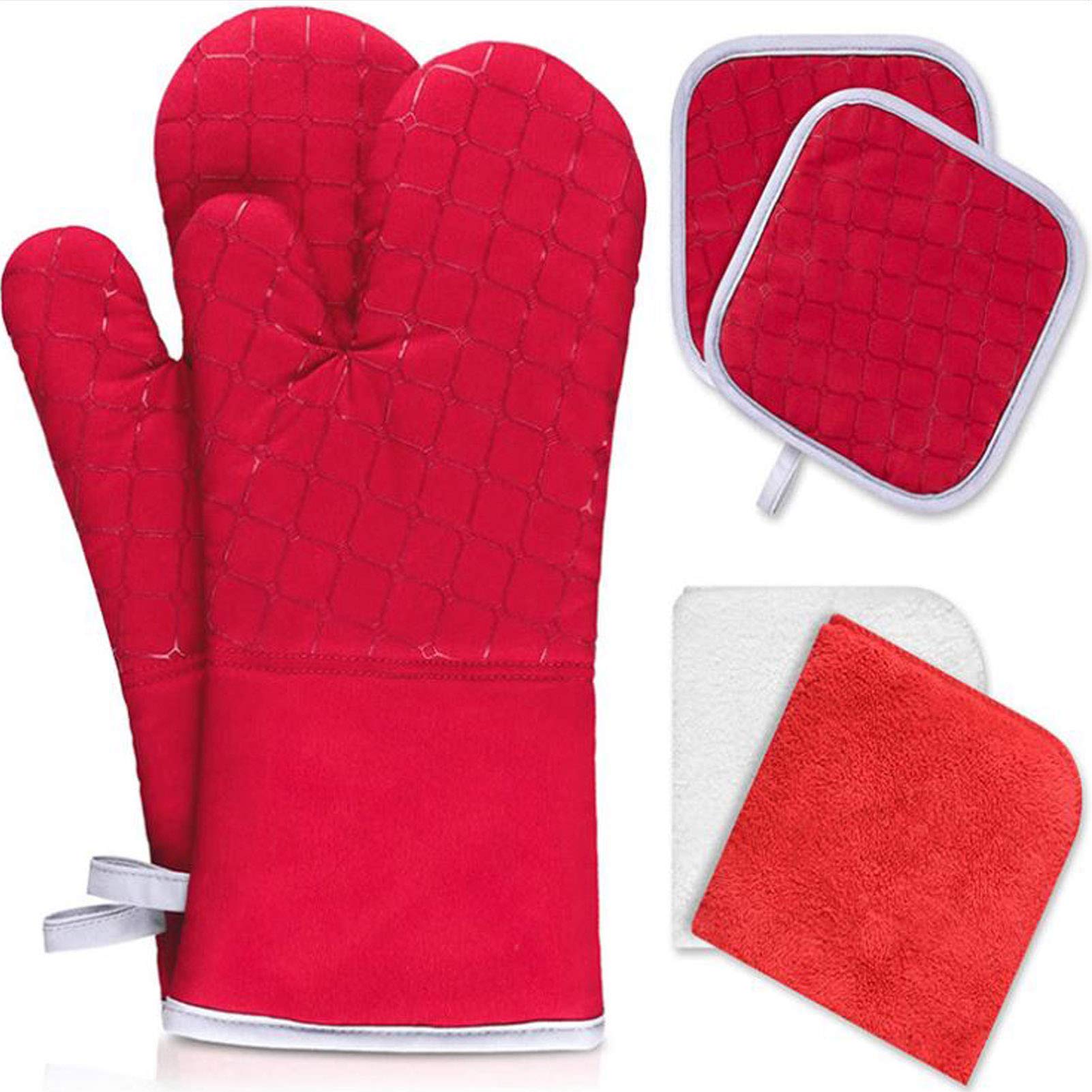6-Piece Heat Resistant Oven Mitts Set - Soft Cotton Lining Non-Slip Pot Holders with Kitchen Towels for Baking, Cooking, BBQ (Red) - Perfect for Home Kitchen, Grilling & Holiday Cooking
