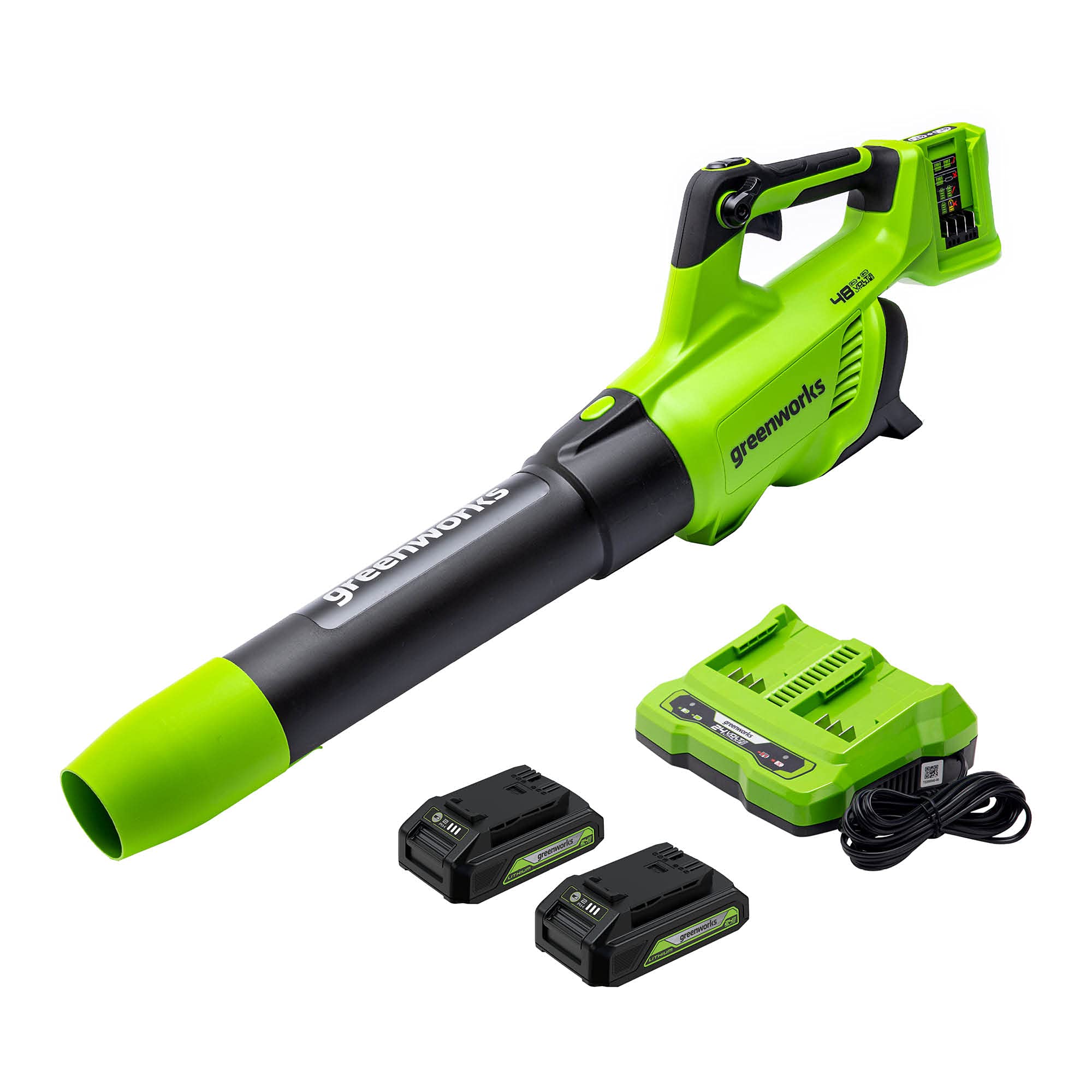Greenworks 48V Cordless Axial Leaf Blower with (2) 24V 2Ah USB Batteries & 4A Dual Port Charger - Ideal for Yard Cleaning, Driveway Maintenance, and Outdoor Debris Removal