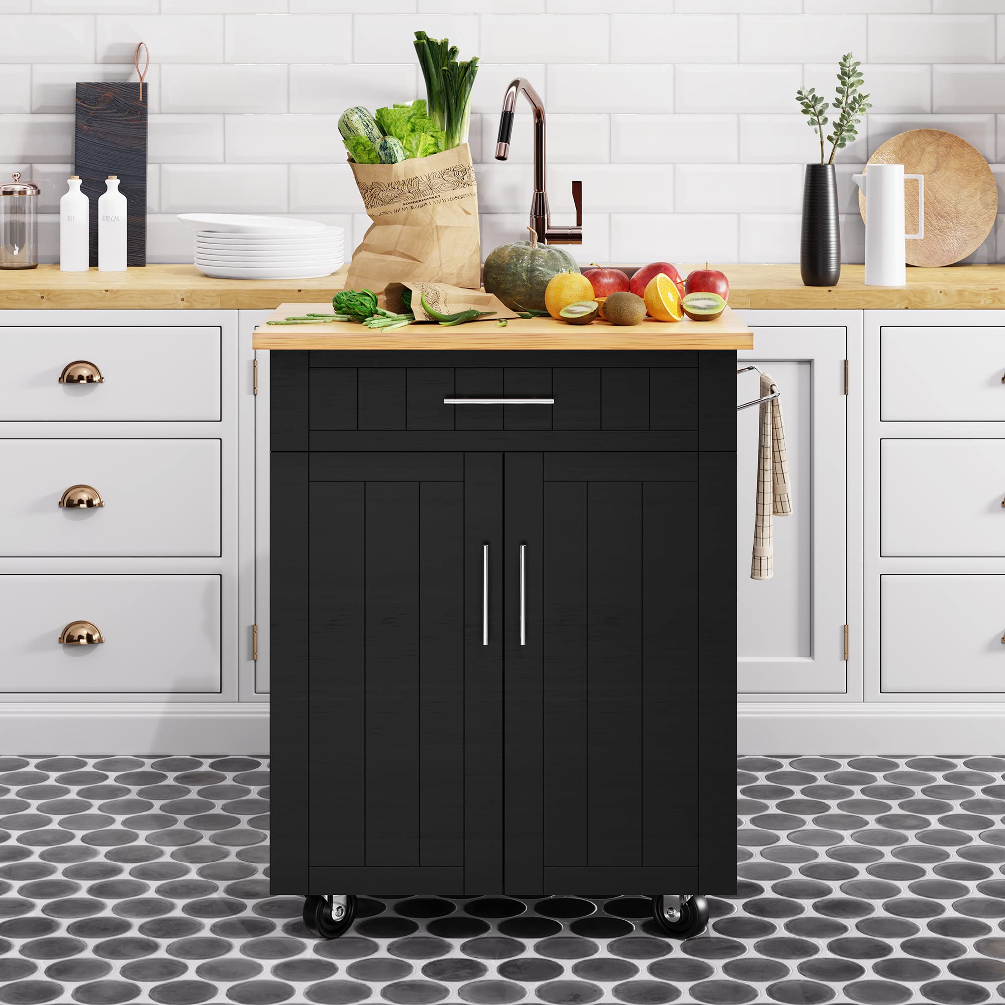 Shintenchi Rolling Kitchen Island Cart with Storage - Mobile Worktop Side Table with Single Door Cabinet & Drawer for Kitchen & Dining Room - Perfect for Small Spaces, Meal Prep & Extra Counter Space - Black