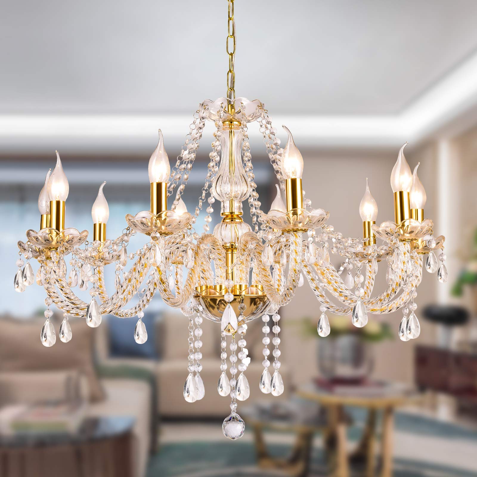 Crystal Gold Chandelier 10-Light Pendant Lamp for Dining & Living Room