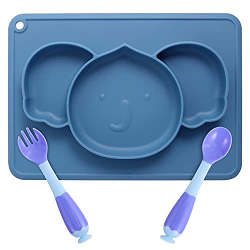 ME.FAN Divided Baby Plates with Silicone Suction Base & Bendable Utensil Set - BPA-Free Toddler Dishware for Mess-Free Feeding - Koala Dark Blue - Perfect for Home, Daycare, and Travel Use