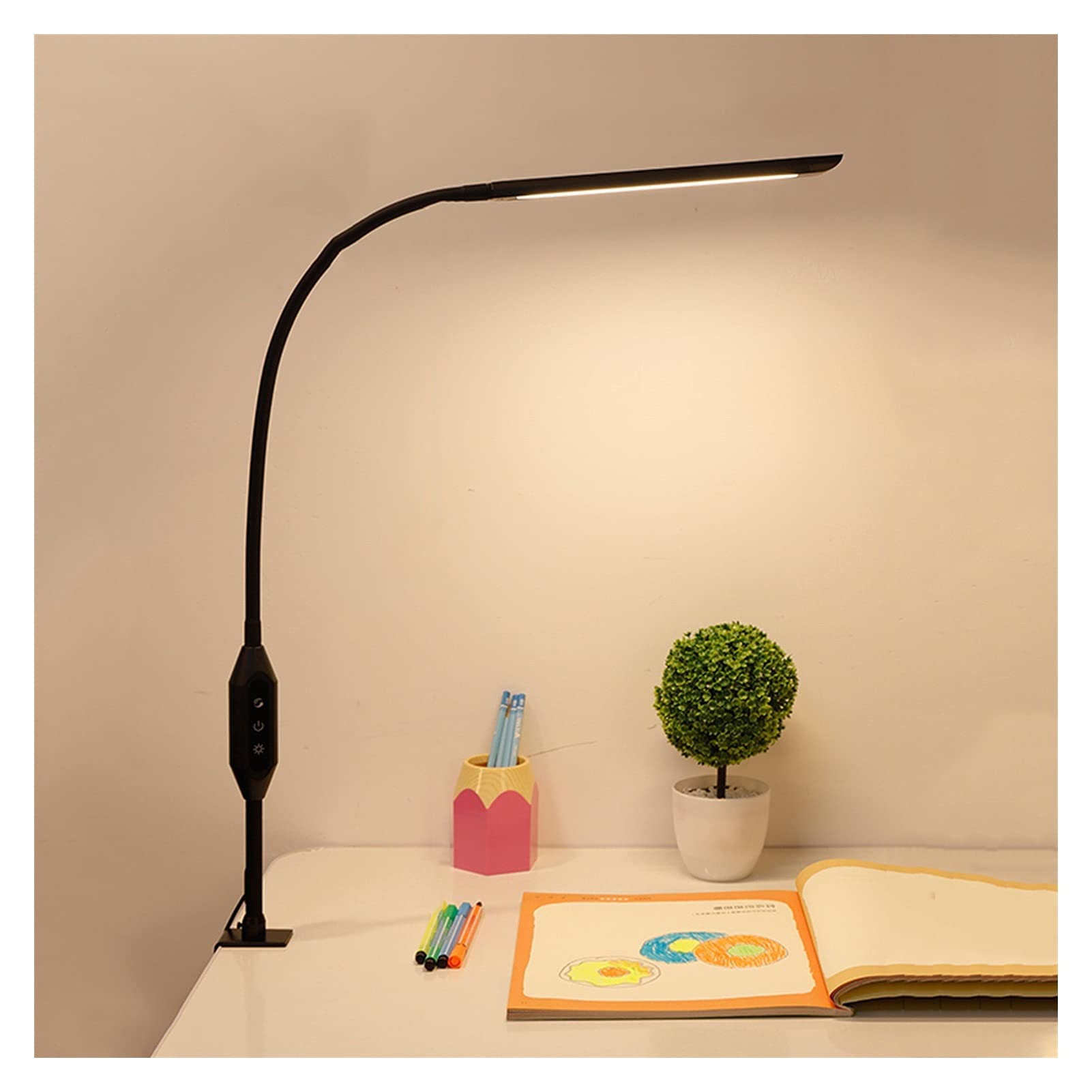 TOMYEUS LED Desk Lamp with 5 Color Modes & 5 Brightness Levels - Flexible Gooseneck Clip-on Reading Light with Remote Control & Touch Switch - Perfect for Home Office, Study, Bedroom Night Light, and Workspace Lighting