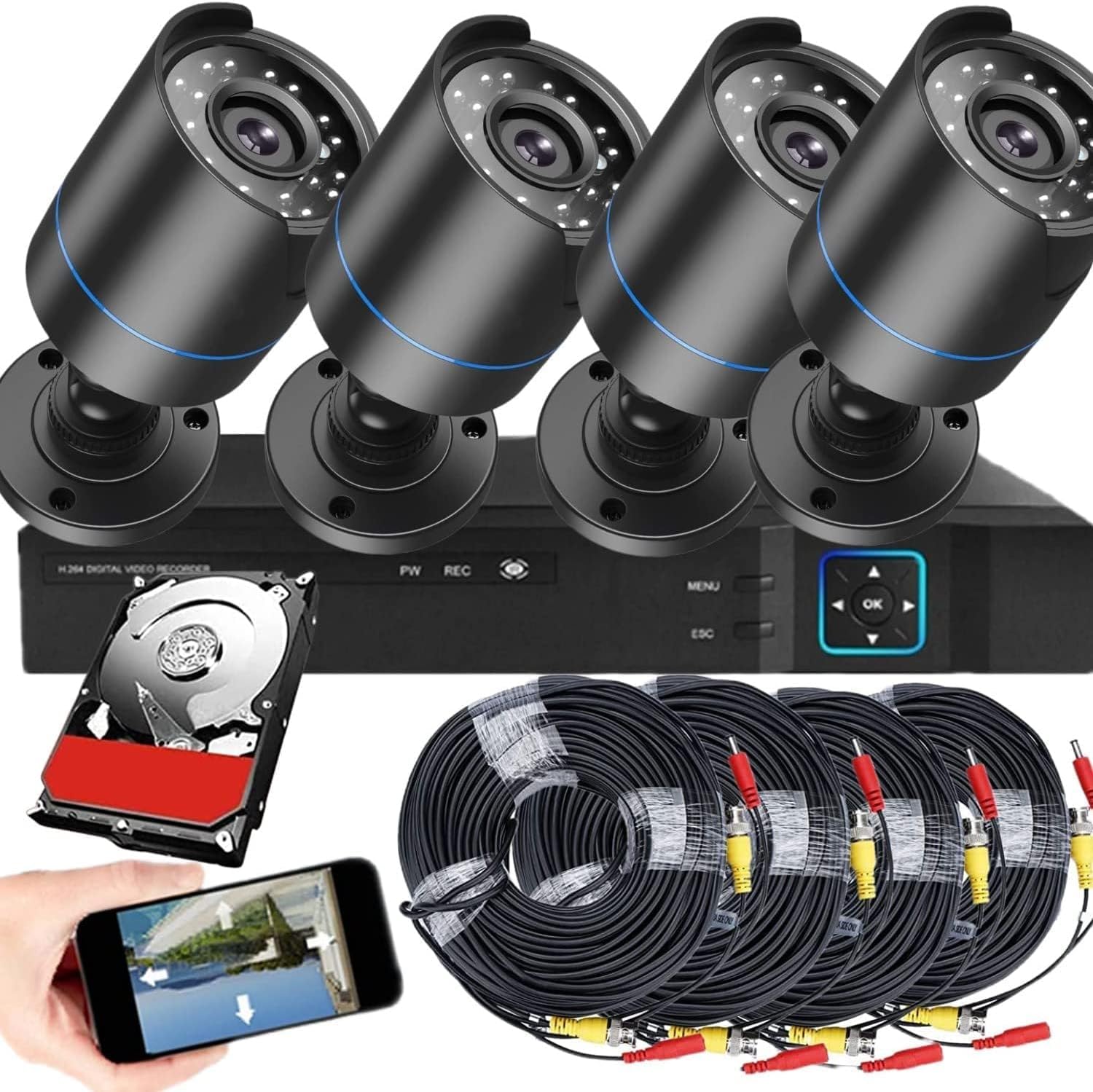 3000TVL 5MP PoE IP Security Camera System with 4K NVR - 4 Wired Night Vision Cameras, AI Motion & Vehicle Detection, 512GB HDD for 24/7 Recording - Ideal for Home & Business Surveillance, Outdoor/Indoor Protection