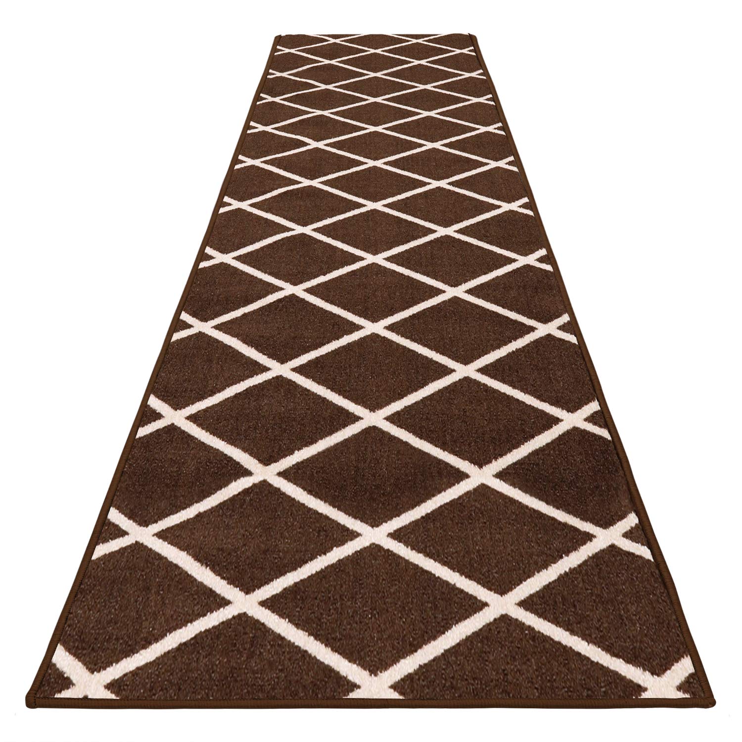 Non-Slip Carpet Runner – Diamond Trellis Pattern in Coffee Brown & Vanilla Cream – 12ft x 26in – Perfect for Hallways, Stairs & High-Traffic Areas – Skid-Resistant Floor Protection for Homes & Offices