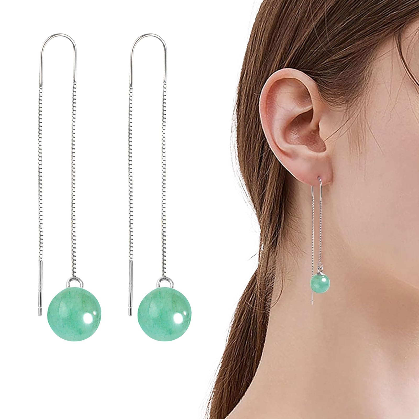 Green Jade Drop Dangle Earrings for Women - Elegant U-Shaped Threader Earrings with Lucky Charm | Perfect Birthday Gift, Back to School Present & August Birthstone Jewelry | Ideal for Weddings, Parties and Everyday Wear