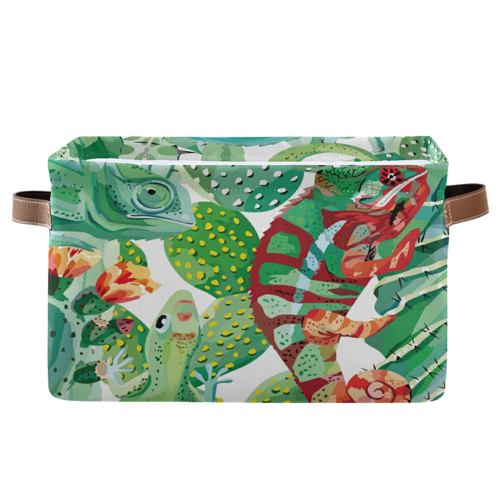Collapsible Canvas Storage Bin with Handles - Large Animal Chameleon Tropical Cactus Design for Toys, Clothes & Home Organization | Perfect for Bedroom, Closet, Office & Shelves | Space-Saving Storage Solution