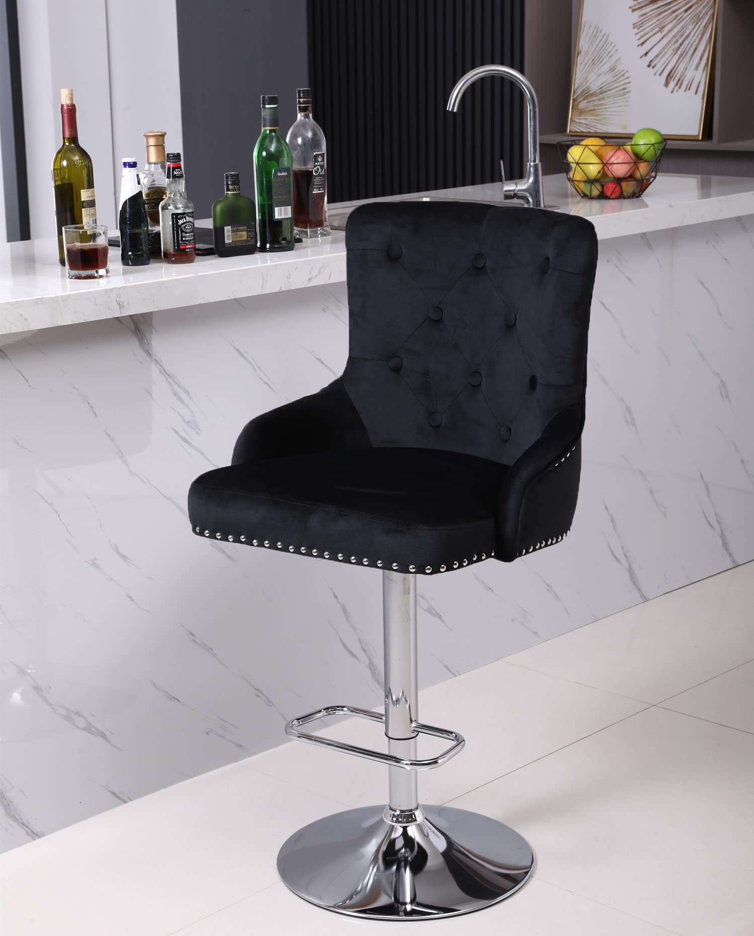 Adjustable Swivel Bar Stools - Velvet Counter Height Bar Chairs for Kitchen Island, Dining Room & Home Bar (Black, 1 Chair) - Perfect for Entertaining, Breakfast Nooks & Modern Kitchen Decor