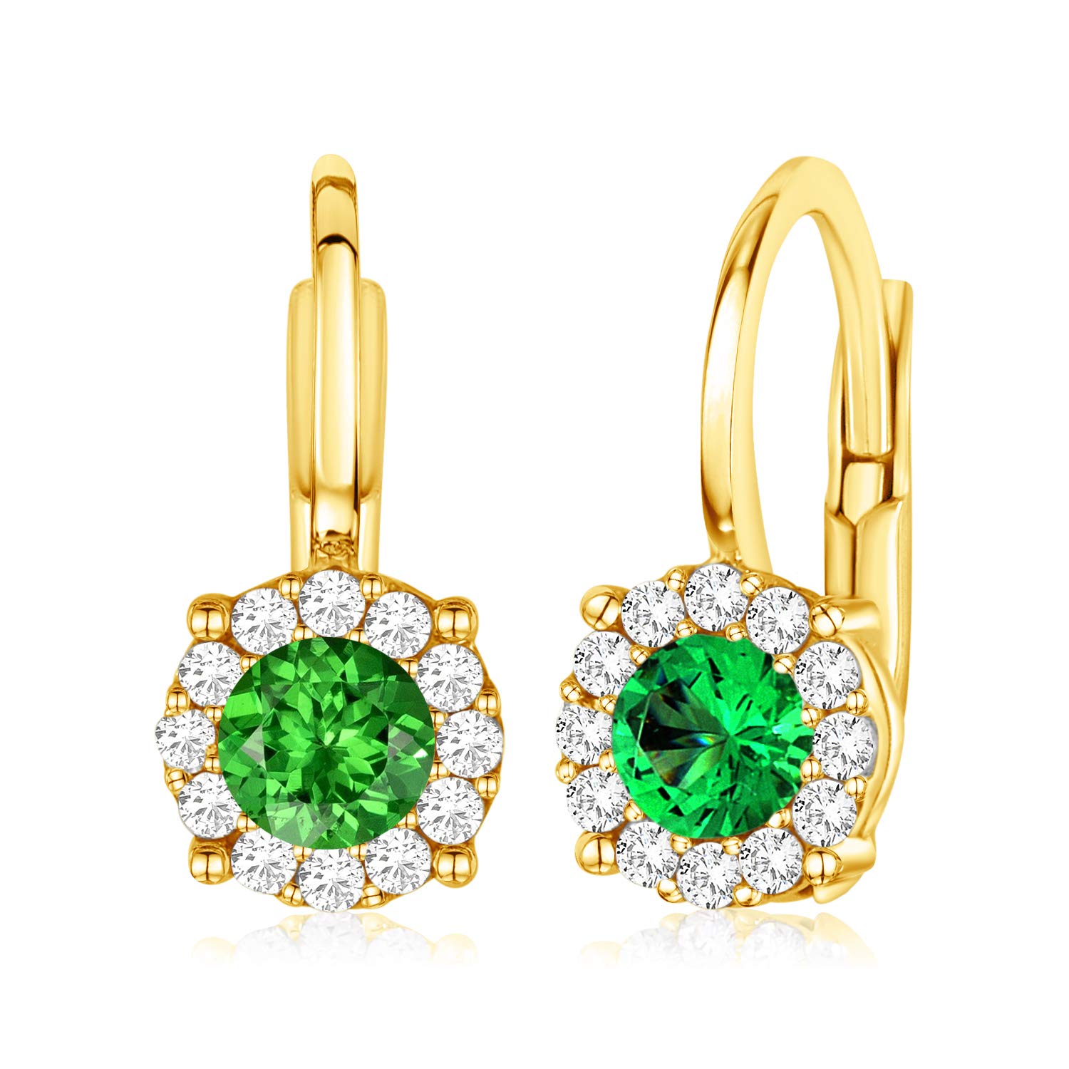 14K Gold Halo Leverback Earrings with Simulated Diamond & Birthstone - Italian Crafted Jewelry for Women, Perfect for Weddings, Anniversaries & Special Occasions