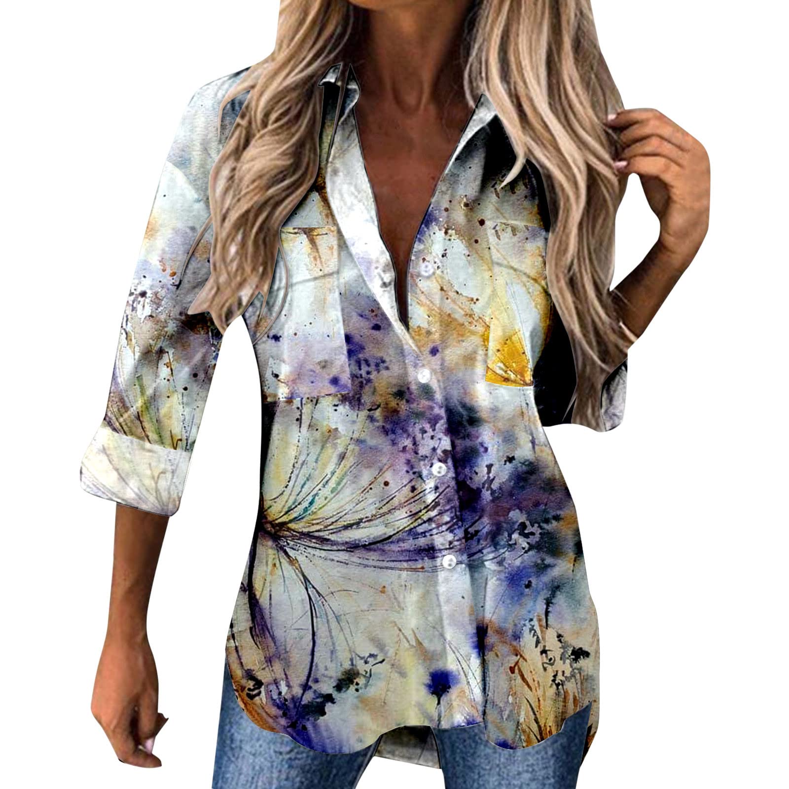 Women's Summer Casual Long Sleeve Button Down Shirt - Floral Printed Blouse for Work & Office Wear | Breathable Comfort Top for Warm Weather Outfits