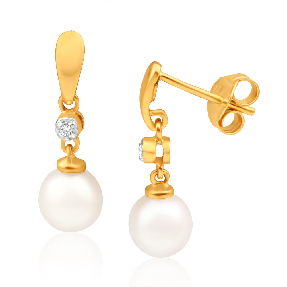 9ct Yellow Gold Diamond and Pearl Drop Earrings for Women - Elegant Dangle Jewelry for Weddings, Parties & Special Occasions