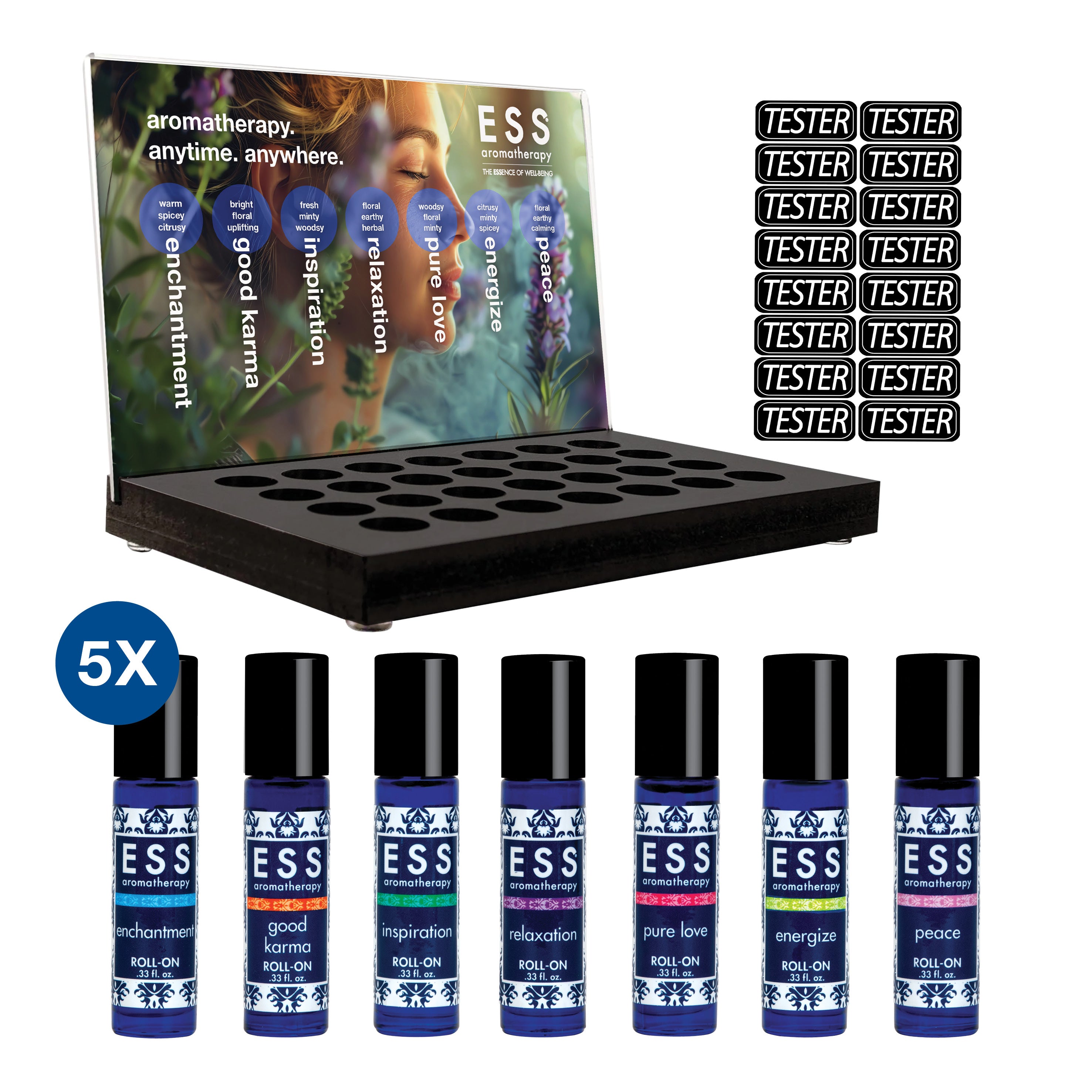ESS Aromatherapy Pure Essential Oil Roll-On Set - 38 Piece Retail Display Package for Stress Relief, Relaxation & Home Spa
