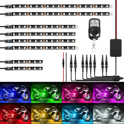 Motorcycle RGB LED Strip Lights with RF Remote Control - 8PCS Kit for Custom Bike Lighting, Underbody Glow, and Night Riding Visibility