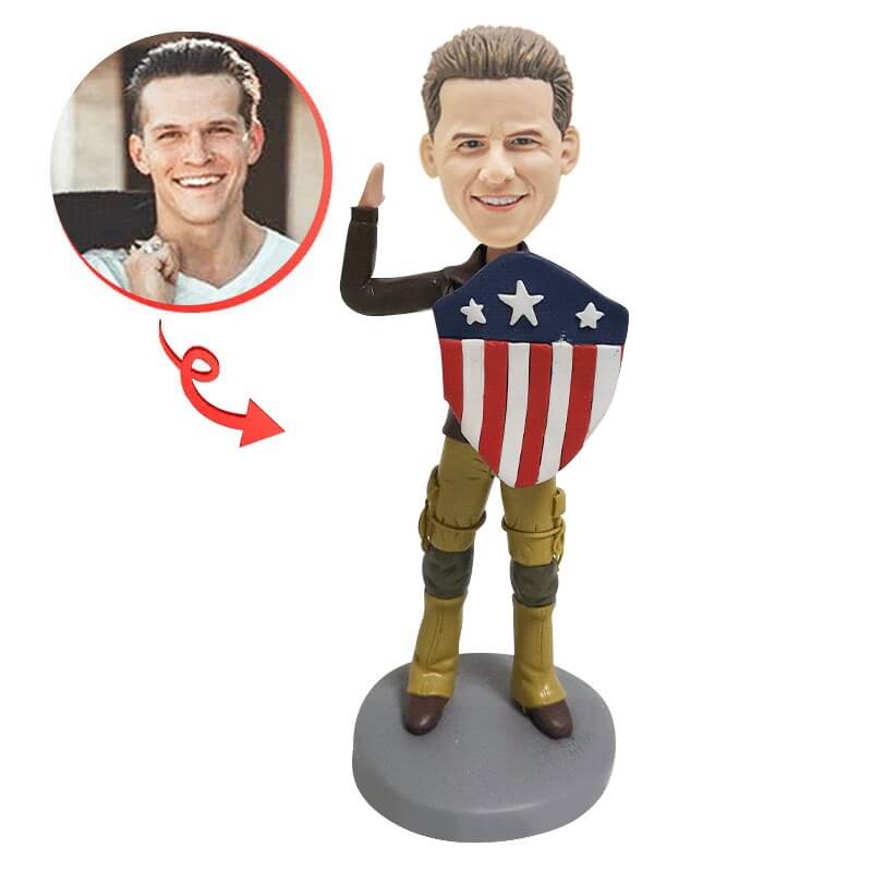 Custom Bobblehead with American Shield - Personalized Patriotic Figurine for Office Desk, Home Decor & Gift Giving
