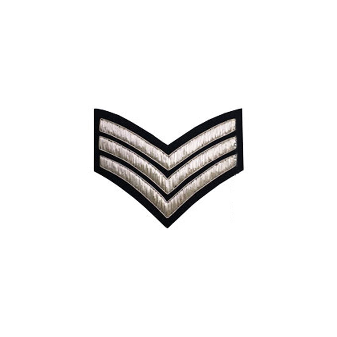 3 Stripe Chevrons Badge Silver Bullion on Blue - Premium Military Insignia for Uniforms, Collectors & Display