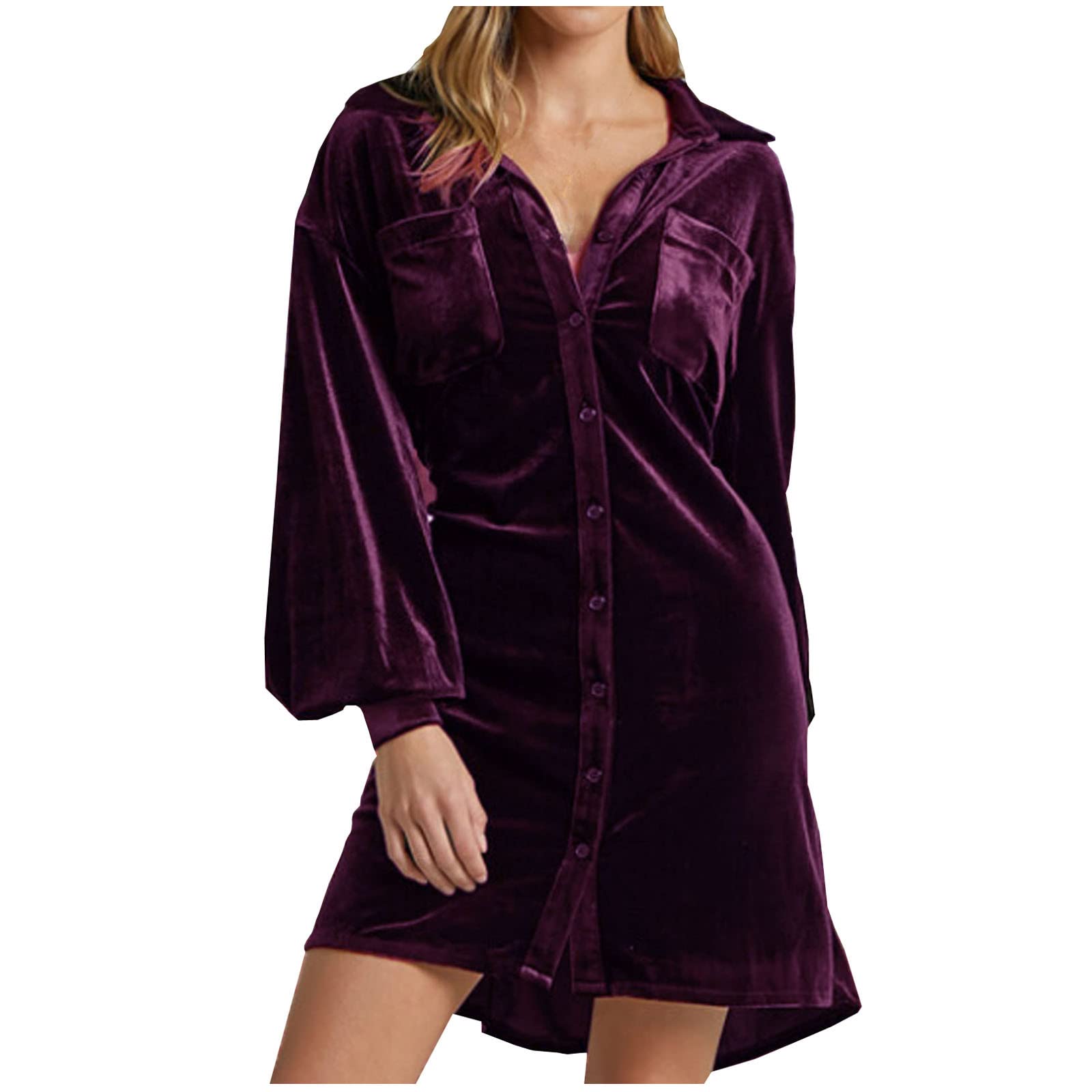 Retro Velvet Button Down T-Shirt for Women - Solid Color Long Sleeve Blouse, Casual Boyfriend Tunic Top for Work, Date Night & Everyday Wear