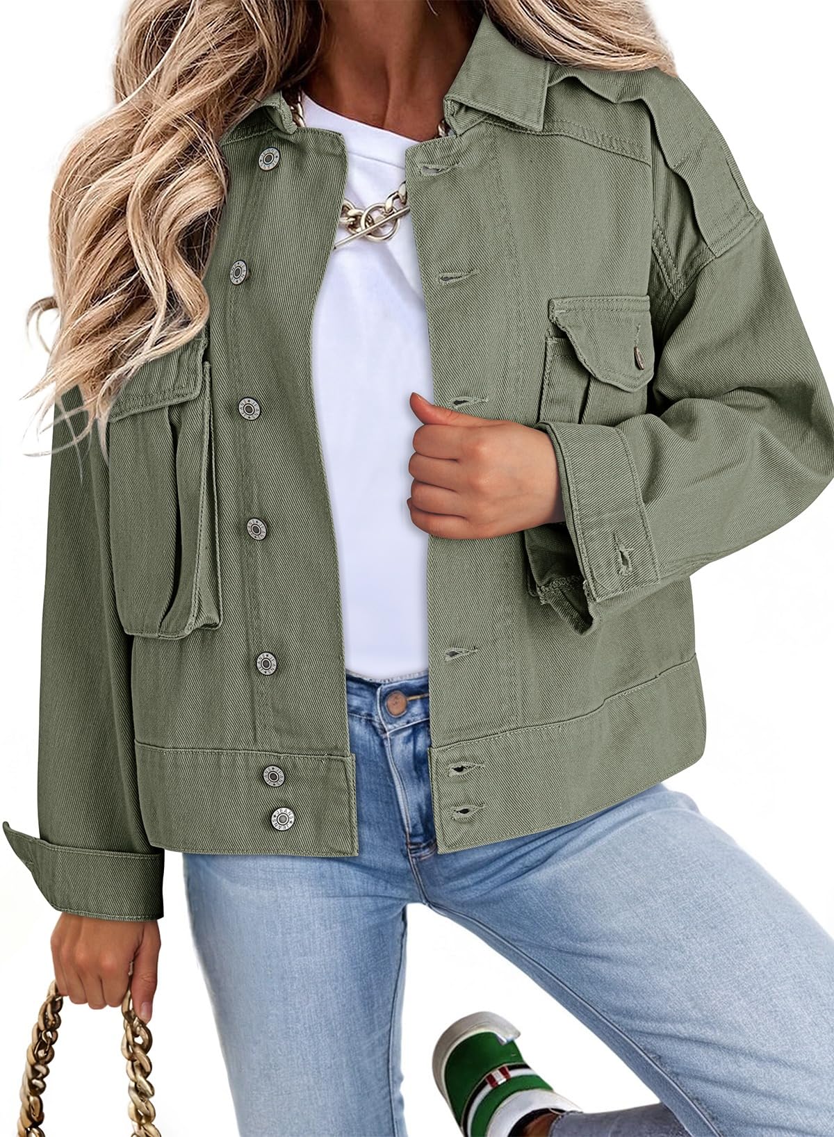 Dokotoo Women's Cropped Cargo Jean Jacket - Stylish Button-Up Denim Jacket for Spring 2025 | Perfect for Casual Outfits, Streetwear & Layering