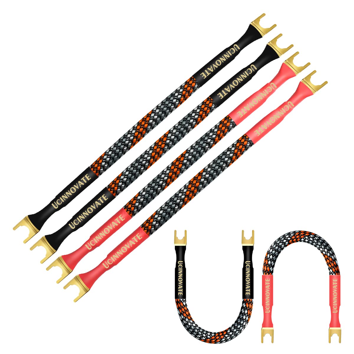 UCINNOVATE 4-Pack HiFi OFC Speaker Jumper Cables with Gold Plated Spade Connectors - 21cm Bi-Wire Speaker Cable Bridge, 11AWG for Enhanced Audio Quality - Perfect for Home Theater Systems, Stereo Speakers & Audiophile Setups