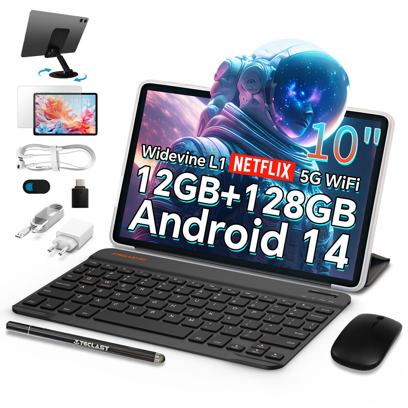 TECLAST 10-inch Android 14 Tablet with Keyboard - 10GB RAM 128GB Storage (Expandable to 1TB), WiFi 6, Bluetooth 5.4, 6000mAh Battery, GPS - 2-in-1 Laptop Tablet with Keyboard, Mouse, Case & Stylus - Perfect for Work, Study & Entertainment