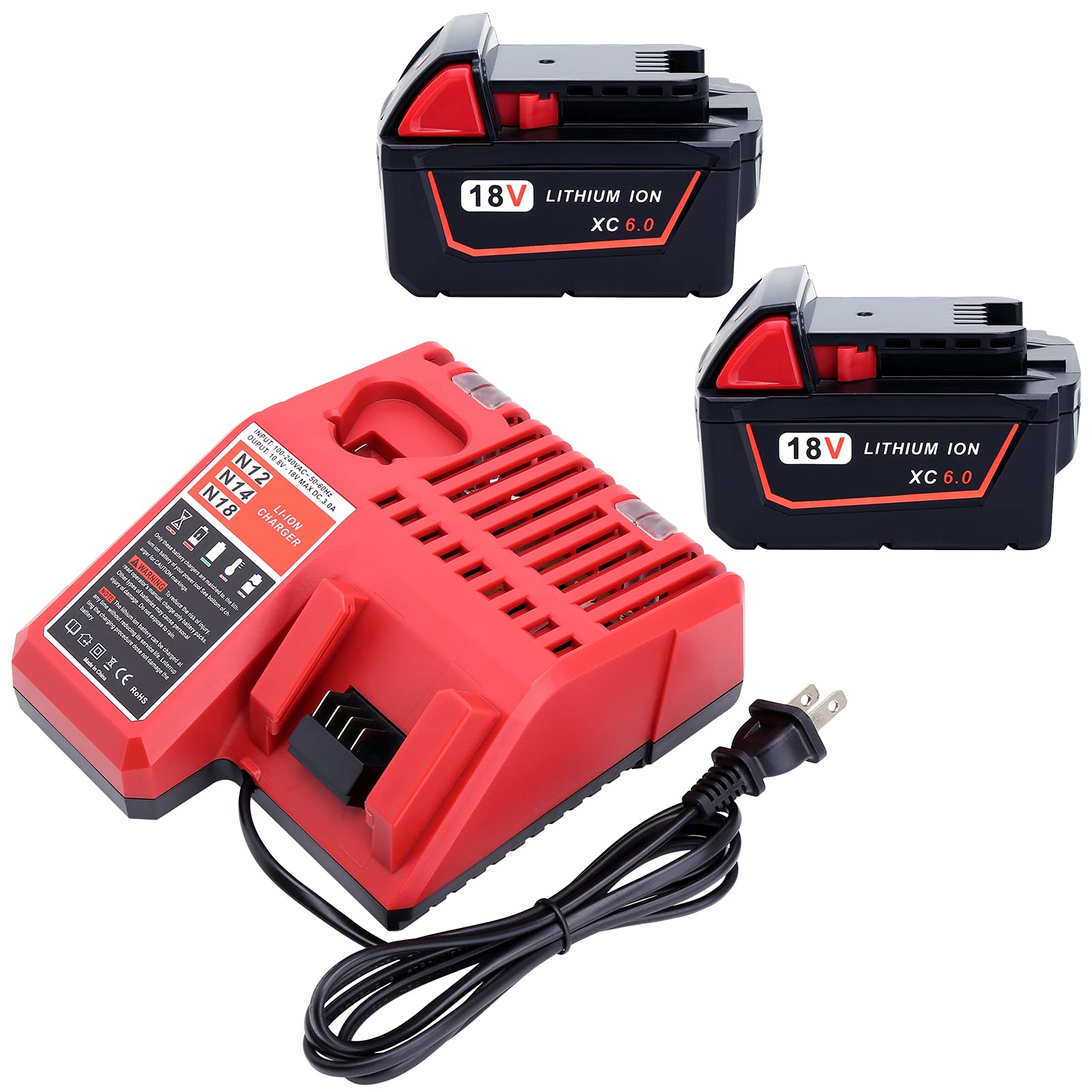 Lasica Replacement Milwaukee Multi-Voltage Battery Charger with 2 Pack M18 18V 6.0Ah Lithium-Ion Batteries - Compatible with Milwaukee M18 18-Volt Power Tools - Perfect for Drills, Saws, and Outdoor Equipment