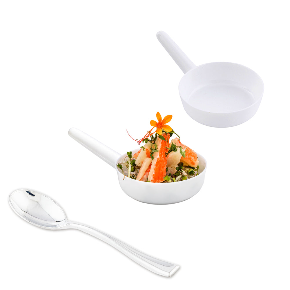 100-Pack 1 oz White Plastic Mini Sauce Cups with 100 Silver Plastic Mini Spoons - Perfect for Condiments, Dressings, and Party Appetizers