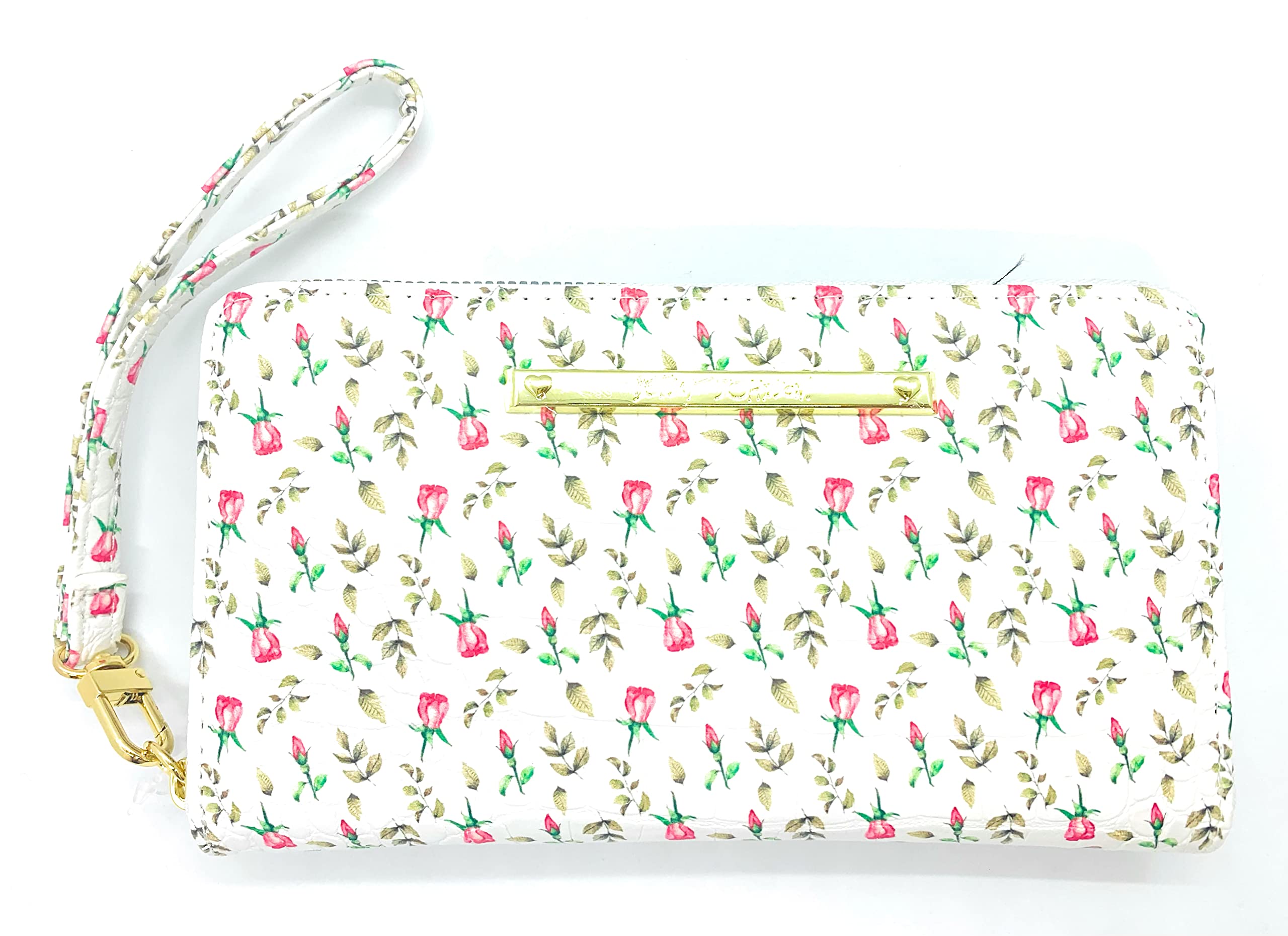 Betsey Johnson Large Rose Wallet Wristlet for Women - Stylish White Leather Clutch with Wrist Strap, Perfect for Parties, Weddings & Evening Events