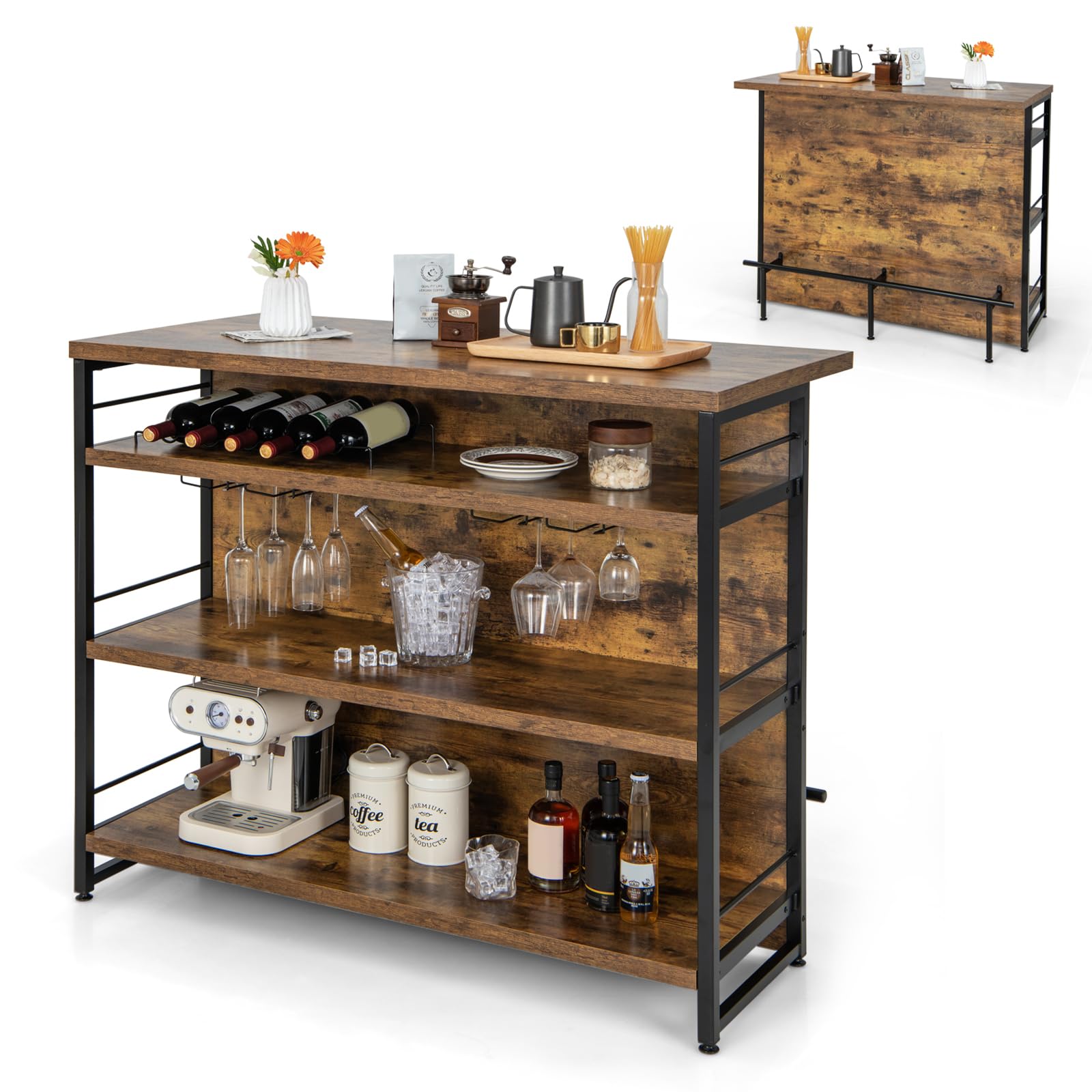 Giantex 4-Tier Industrial Home Bar Cabinet with Wine Rack, Glass Holder & Footrest - Corner Mini Bar Table for Kitchen, Pub & Living Room - Perfect for Entertaining, Relaxing & Stylish Home Decor