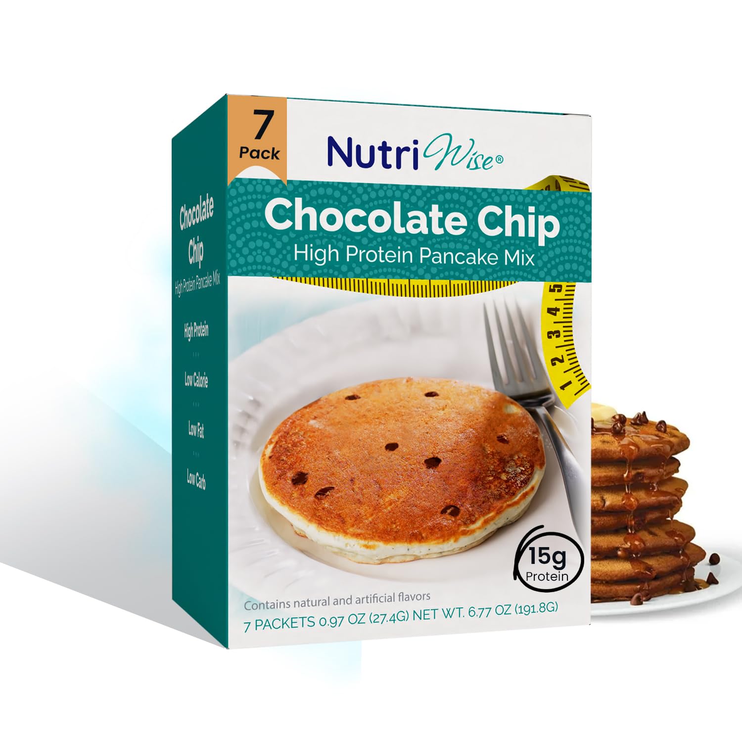 NutriWise High Protein Pancake Mix - 15g Protein per Serving | KETO Friendly, Low Carb, Low Sugar, Low Calorie | Weight Loss & Hunger Control Meal Replacement (Chocolate Chip, 7/Box) - Perfect for Breakfast, Post-Workout & Healthy Snacking