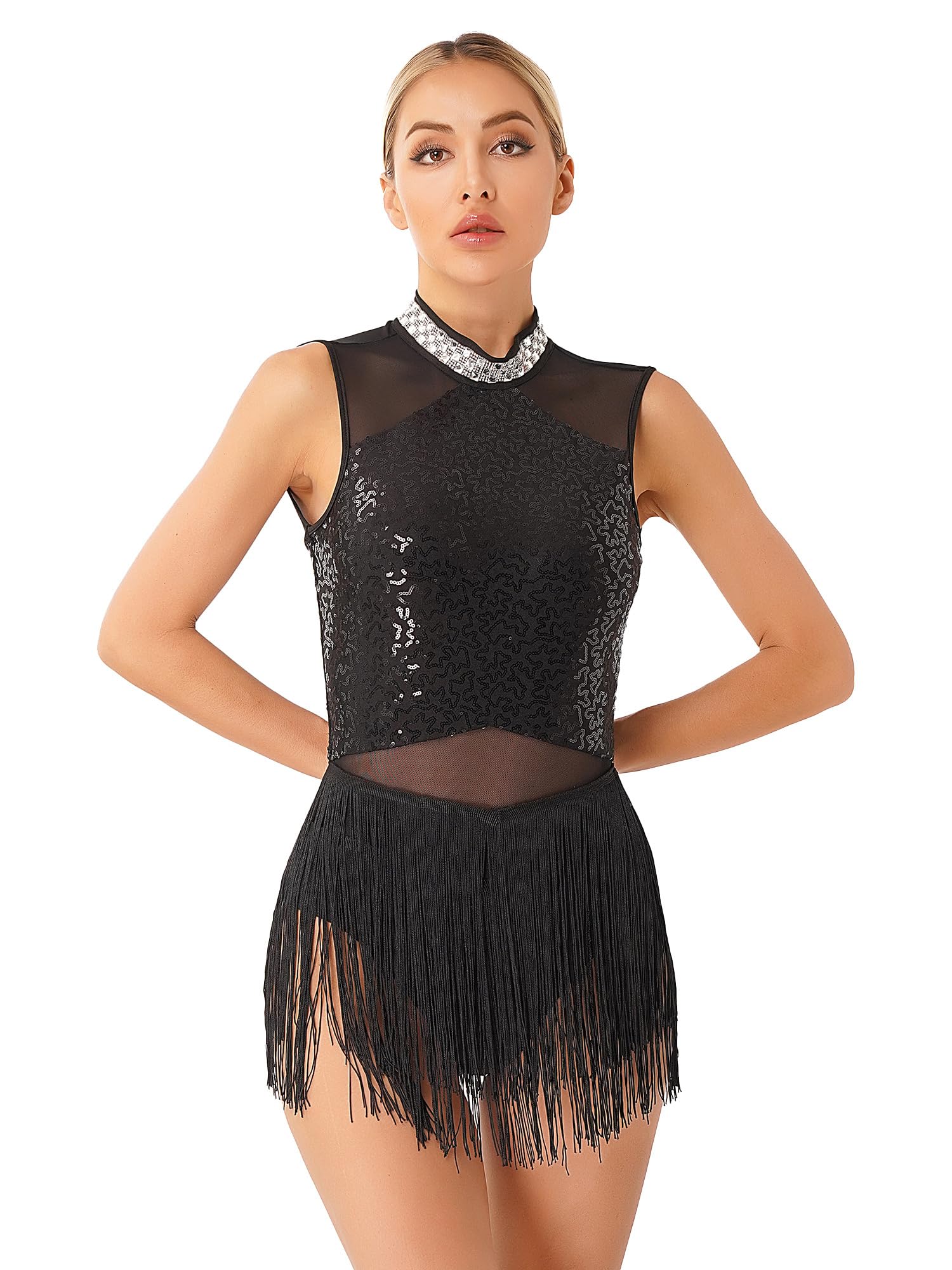YiZYiF Women's Rhinestone Fringe Latin Dance Dress - Samba, Rumba, Ballroom Performance Costume for Competitions & Showcases