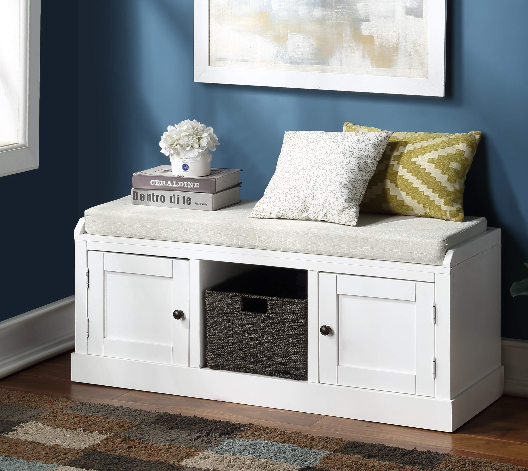 Rustic Entryway Storage Bench with 2 Cabinets & Basket - Wooden Shoe Bench with Removable Cushion for Living Room, Hallway, Bedroom - White (Perfect for Organizing Shoes, Hats & Home Decor)