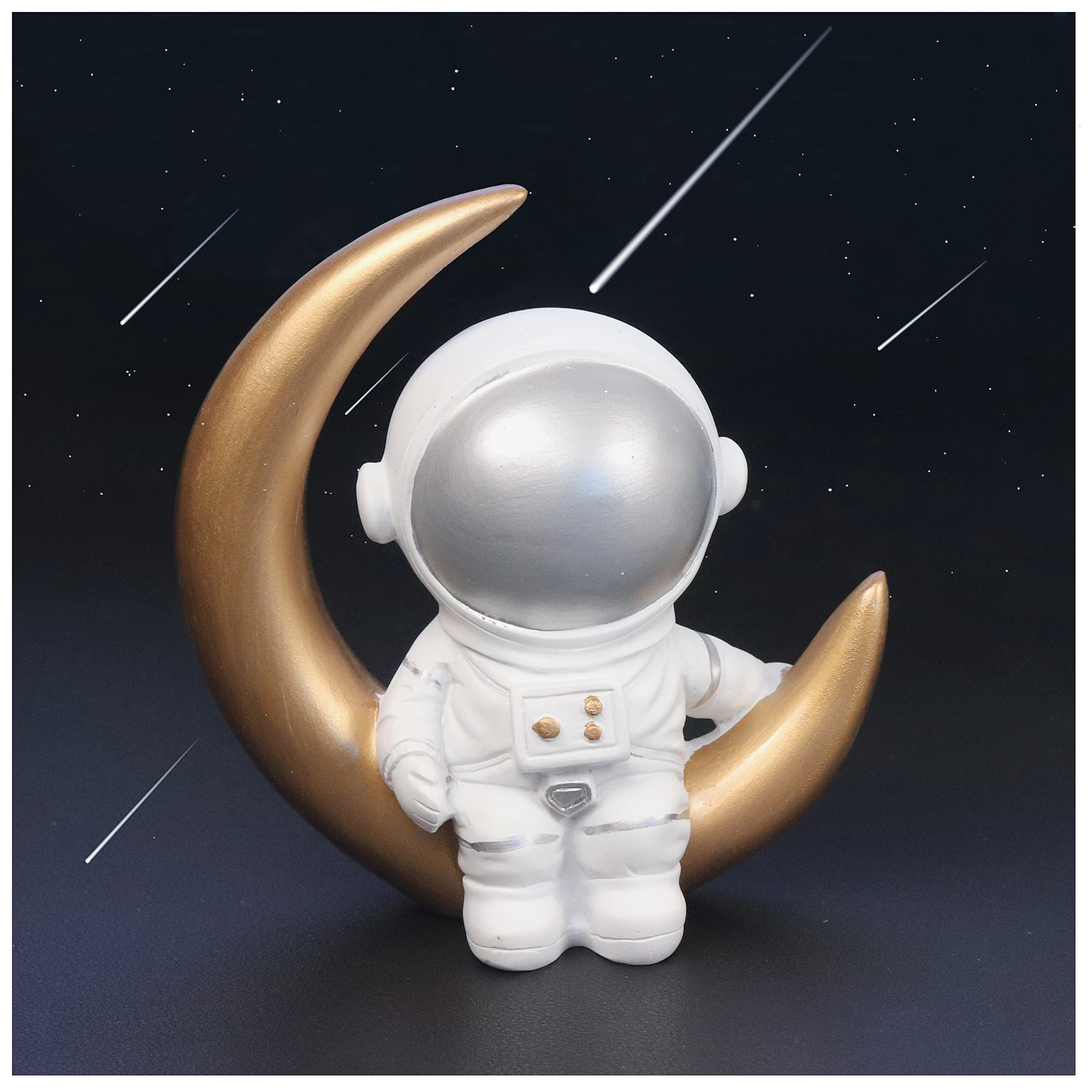 Gold Moon Astronaut Figurine - Resin Spaceman Statue for Cake Topper, Desktop Decor, Space-Themed Bedroom & Craft Gift - Perfect for Birthday Parties, Sci-Fi Room Decor & Collectors (1pc)