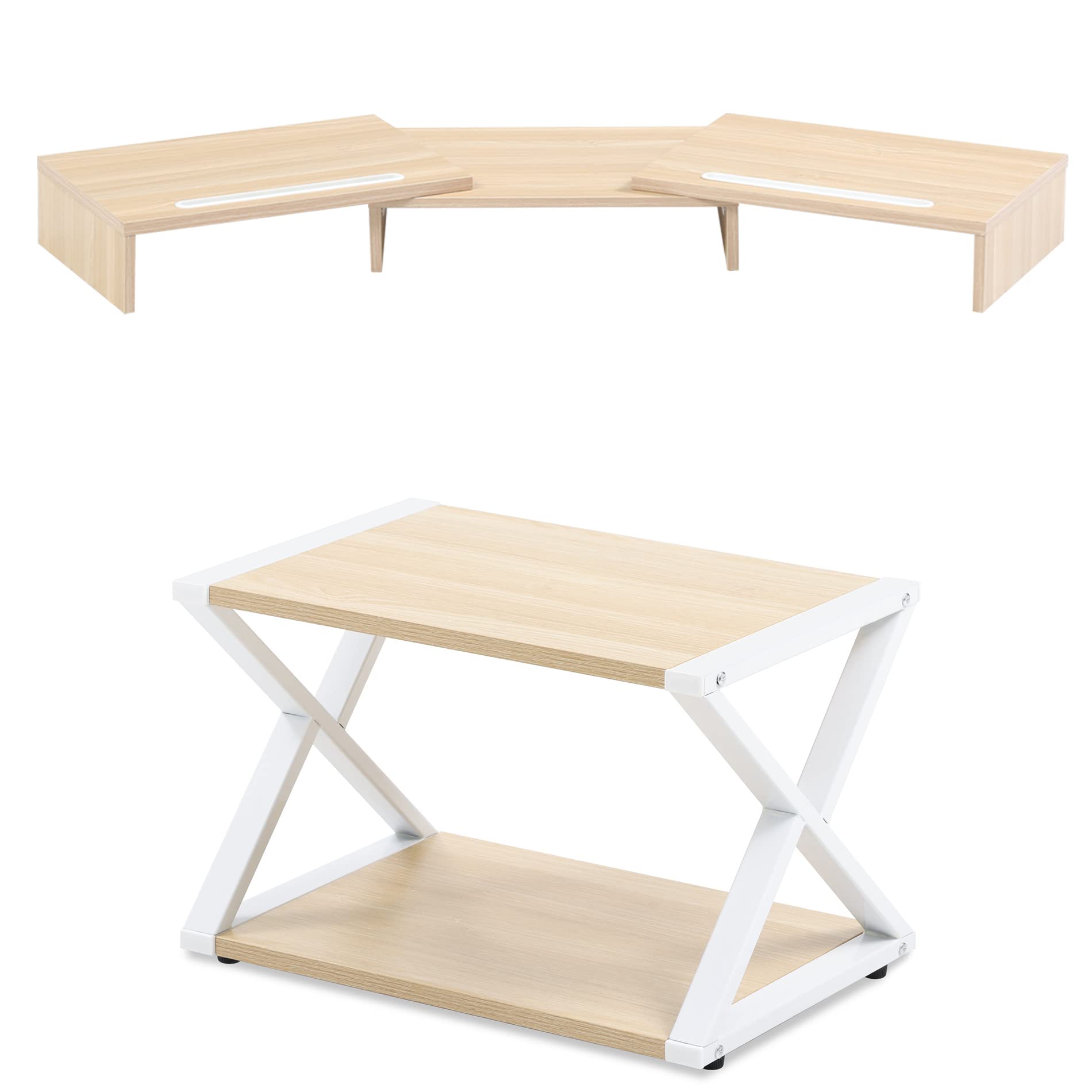 FITUEYES Dual Monitor Stand with 2-Tier Printer Shelf - Light Wood Home Office Desk Organizer for Computer Monitors, Laptops & Printers - Perfect for Workspace Organization & Productivity