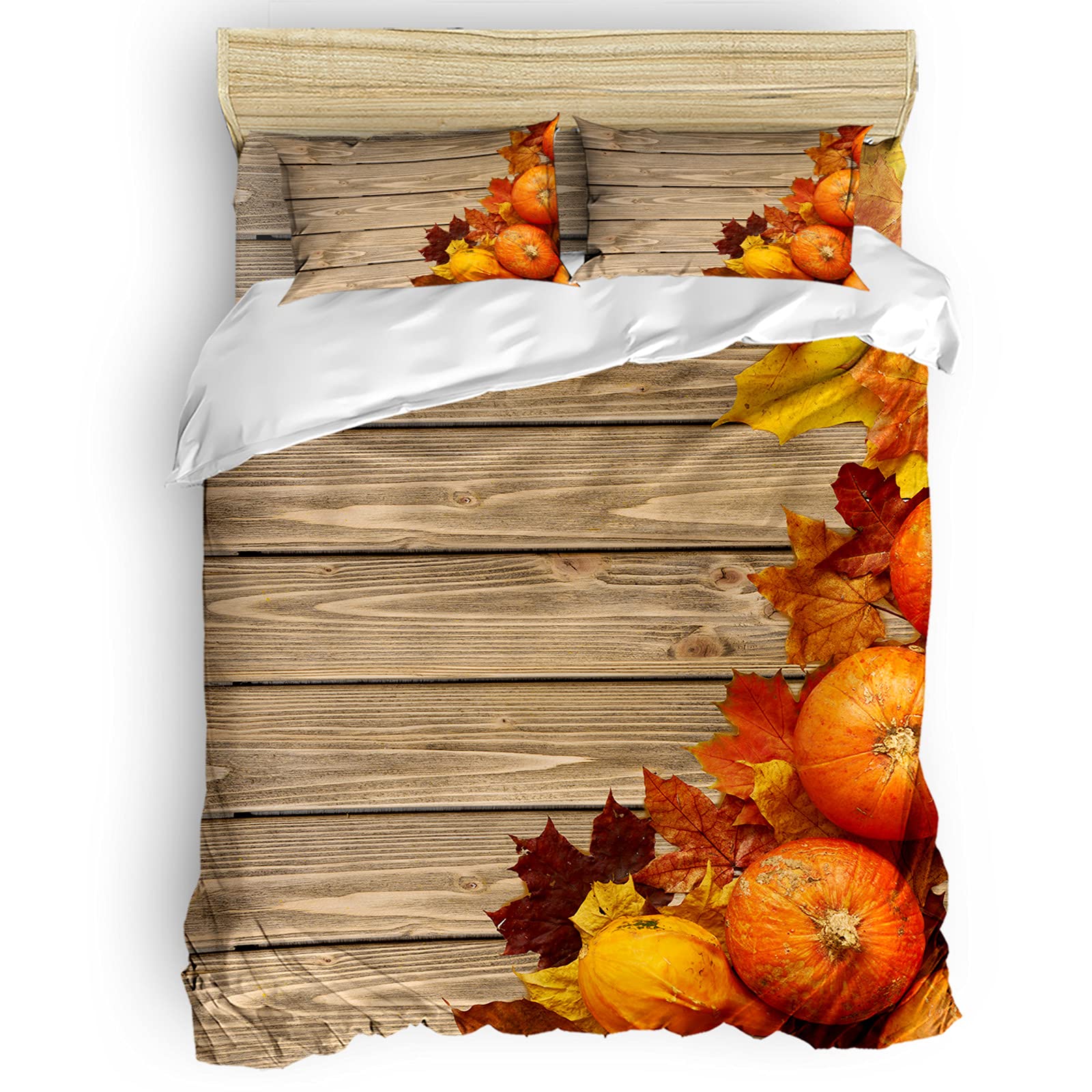 Seven Roses 4-Piece Thanksgiving Pumpkin & Autumn Leaf Quilt Cover Set - Ultra Soft Comforter, Bed Sheets & Pillowcases - Twin Size with Harvest Wood Board Stripes - Perfect for Fall & Holiday Bedroom Decor